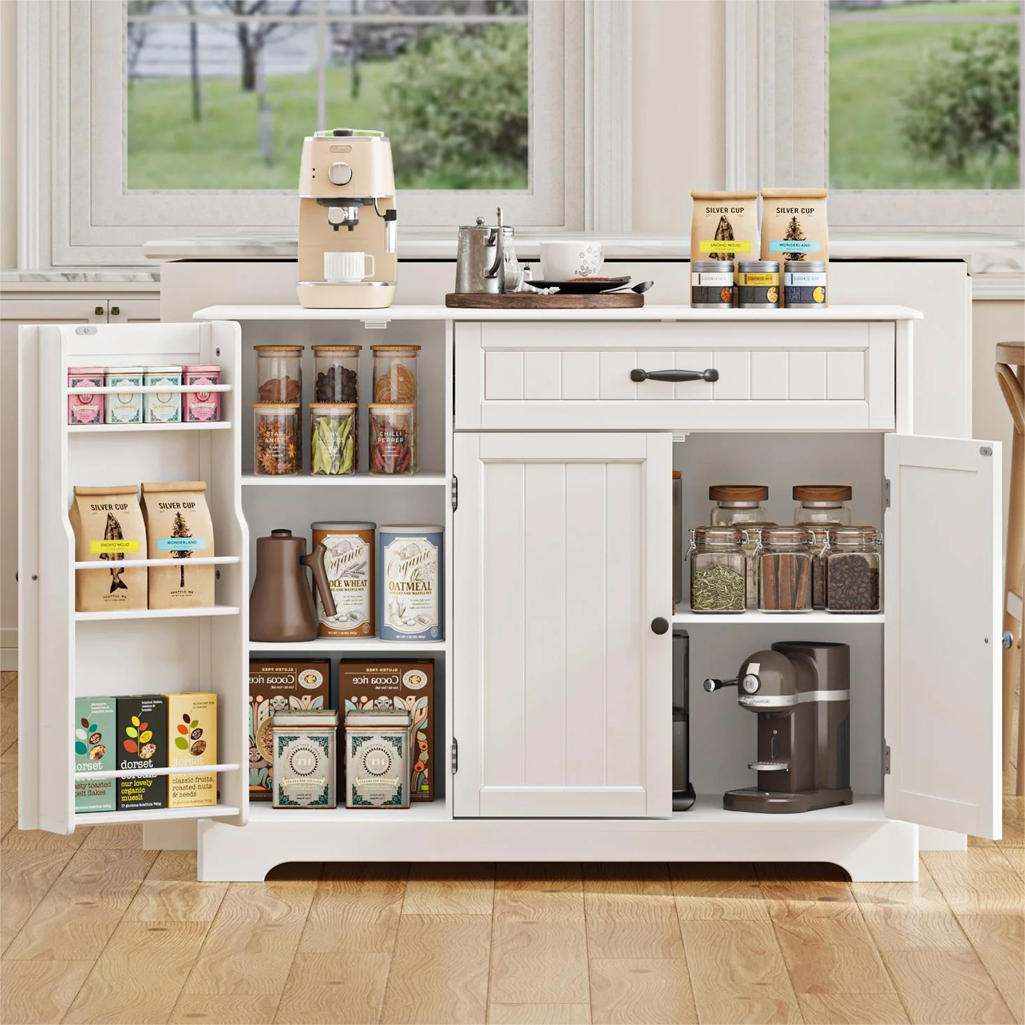 Coffee Bar, 42" Kitchen Storage Cabinet, Sideboard Buffet Cabinet with 8 Shelves, 1 Drawer(White) - Image 6