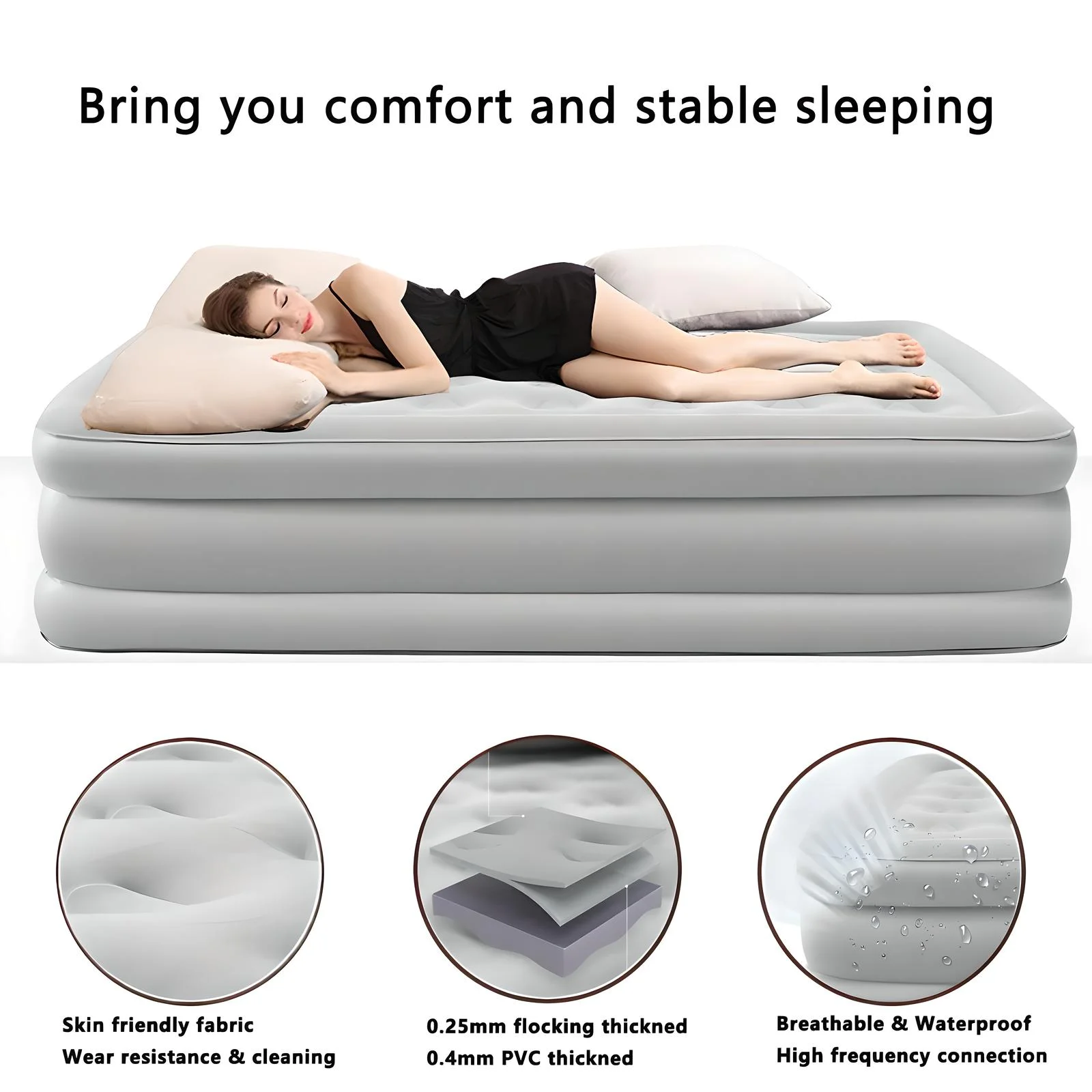 Air Mattress Queen with Built-in Pump and Headboard��Inflatable Portable Mattress for Home, Camping Guests,Gray.(Gray) - Image 2