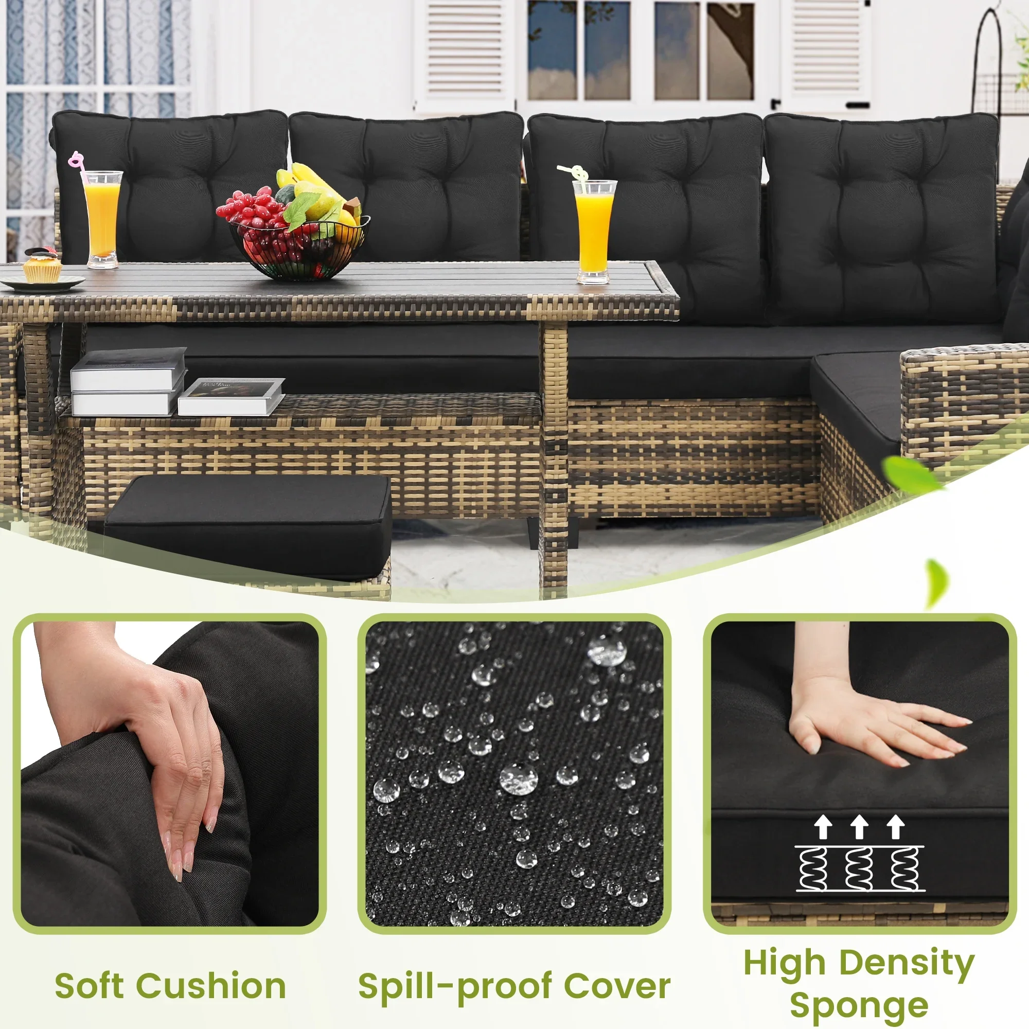 LOGYAT 6 Piece All Weather Outdoor Sectional Set, with 2 Sofas, 2 Ottomans with 1 Table, Patio Conversation Furniture for Deck, Garden, Natural Wicker and Black Cushions