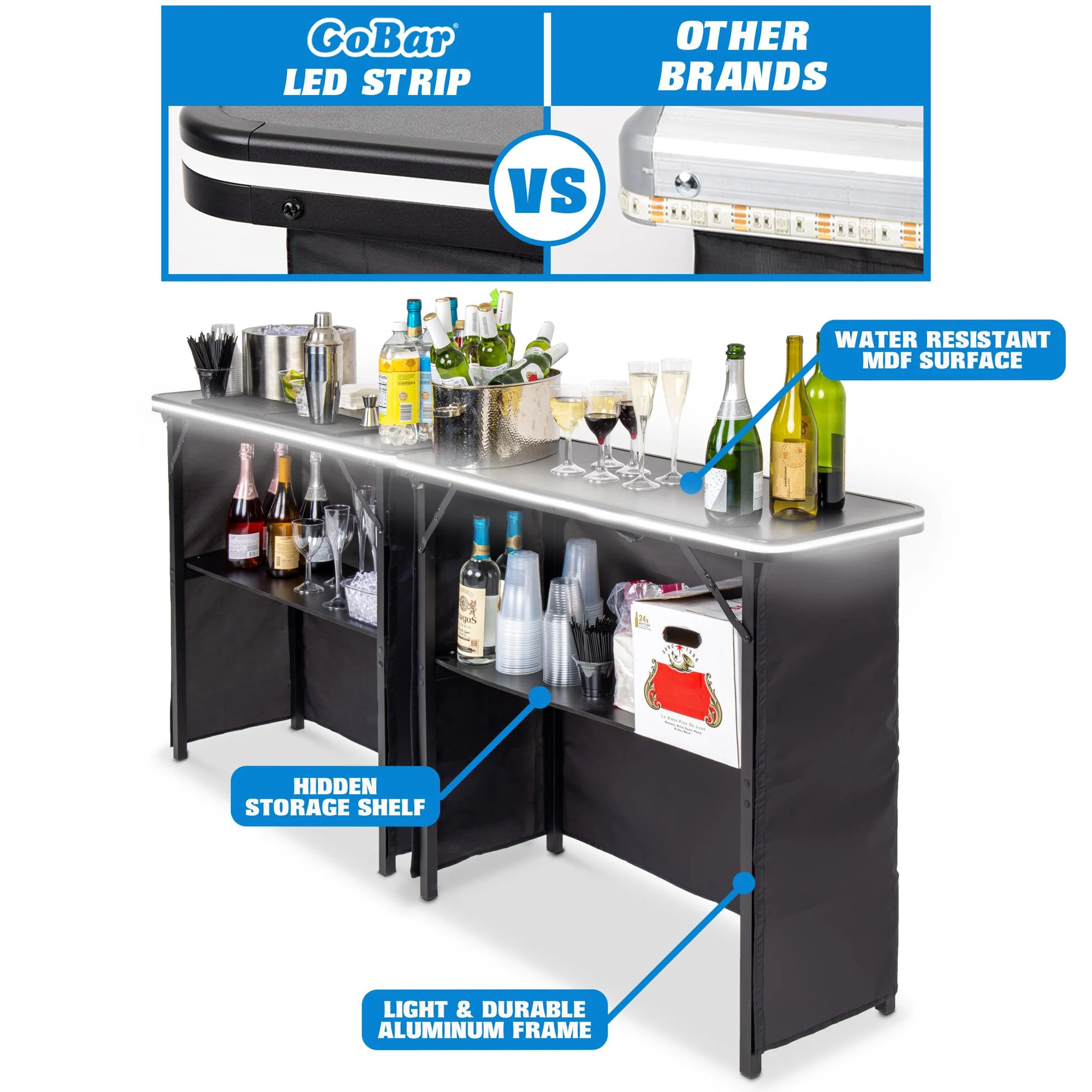 Portable Double Bar Table Set with Multi-Color LED Lights Mobile Bartender Station for Events Includes Carrying Case - Image 6