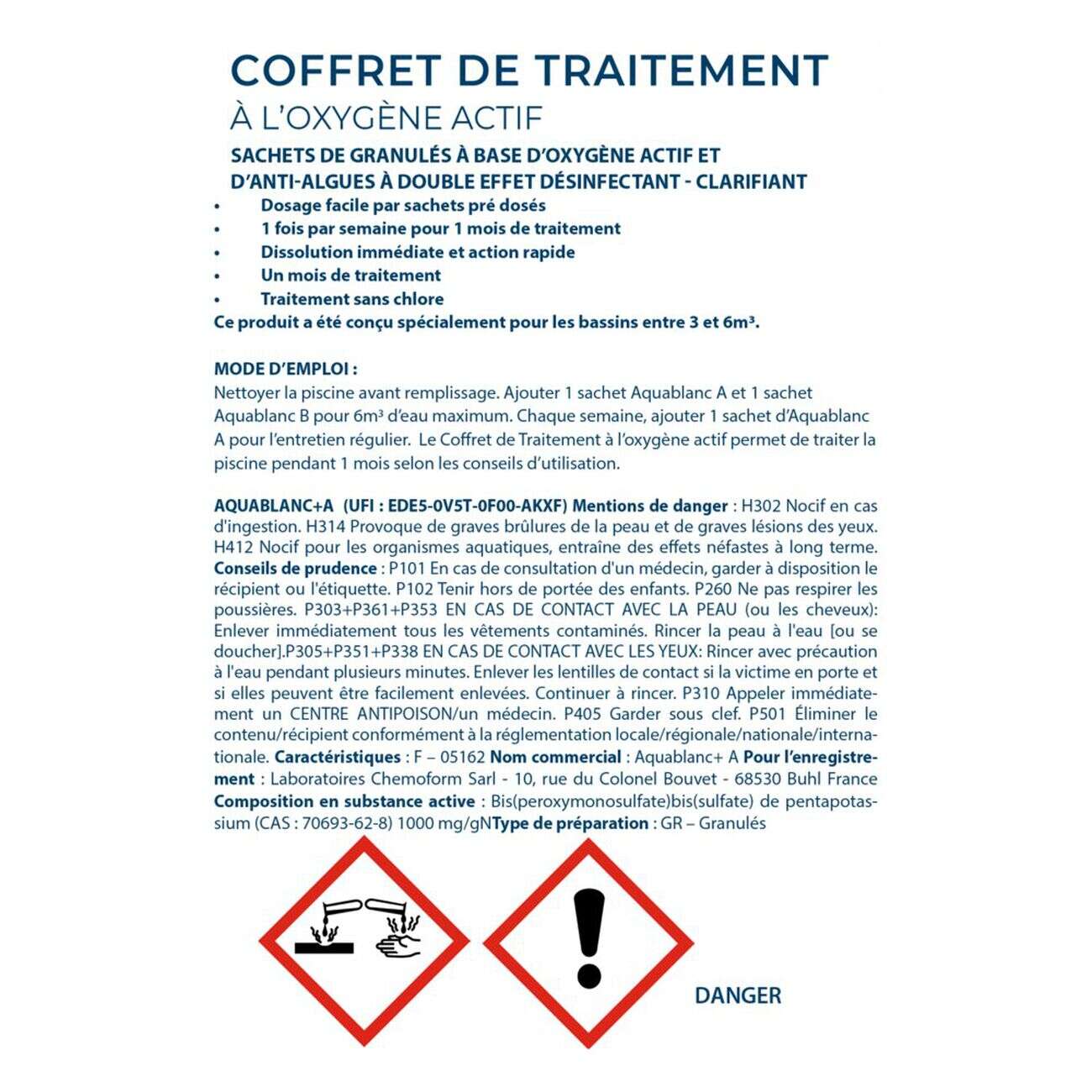 Traitement à l'oxygène actif pour piscine hors-sol 3-6m3