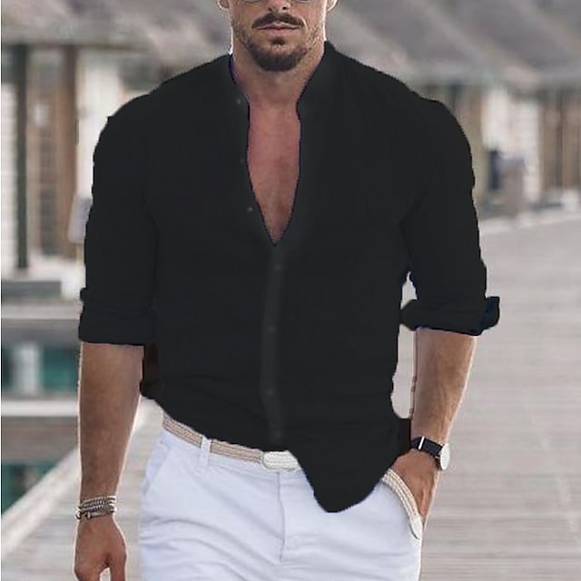 Chemise homme en lin uni, col montant, manches longues, style décontracté