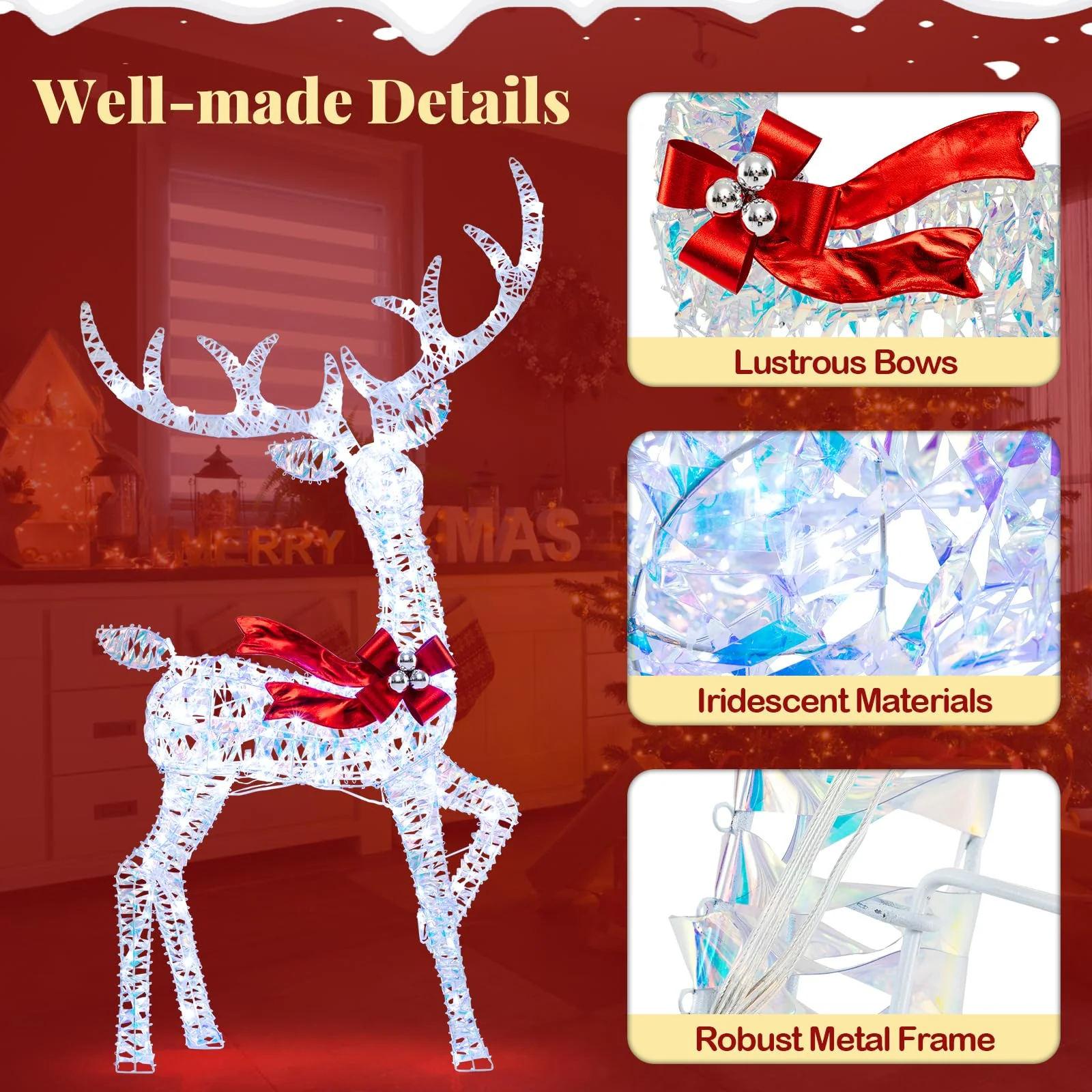 Tangkula 3-Piece Christmas Lighted Iridescent Reindeer Family Set with 215 Cold White LED Lights and Ground Stakes