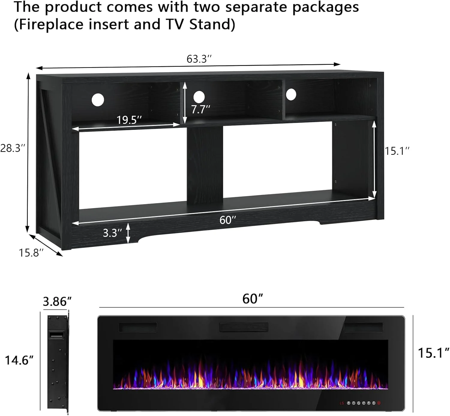 Fireplace TV Stand for TVs Up to 75" TV with 60" Electric Fireplace,Entertainment Center with Open Shelve Storage(Black) - Image 9