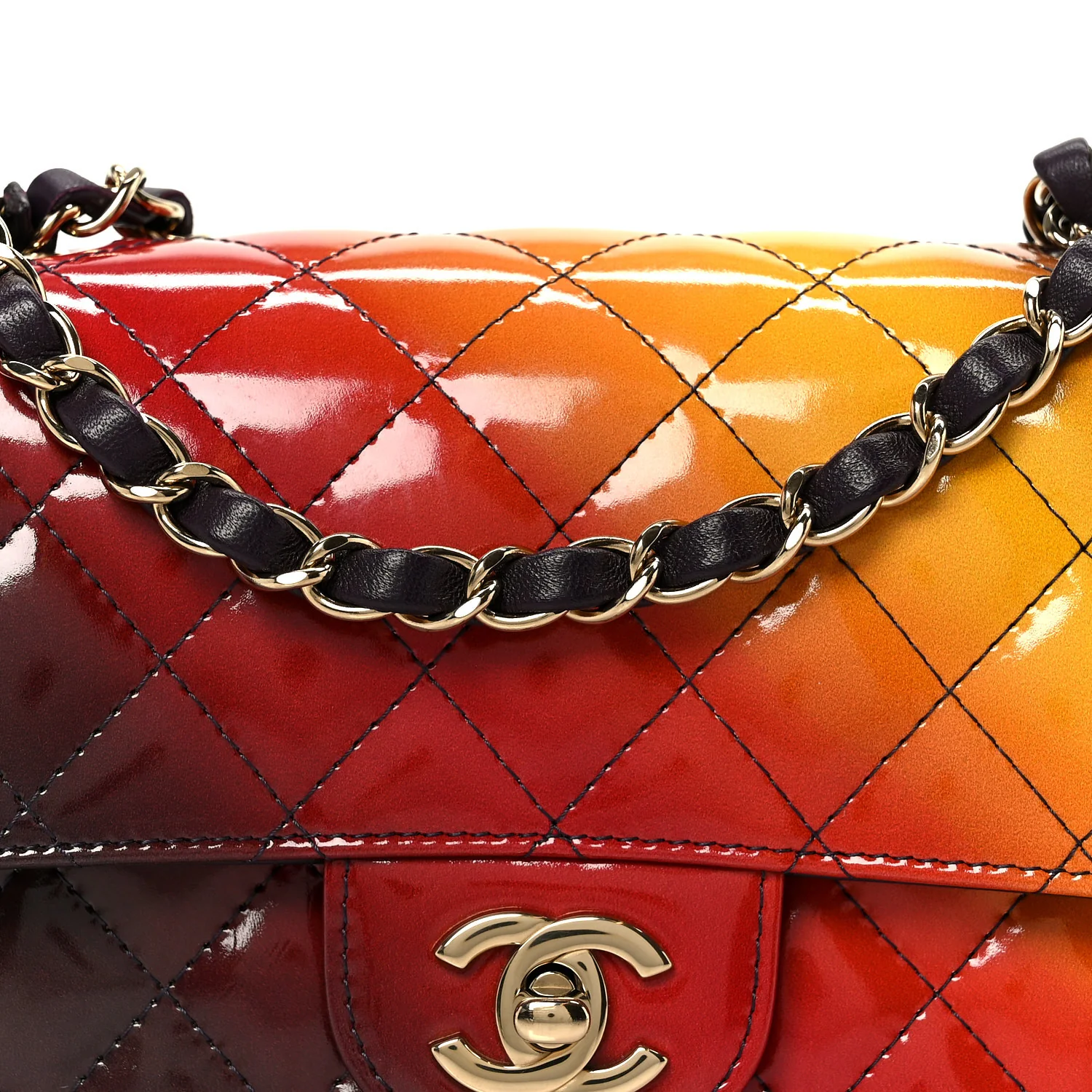 Shaded Patent Calfskin Quilted Mini Rectangular Flap Red Yellow Dark Purple