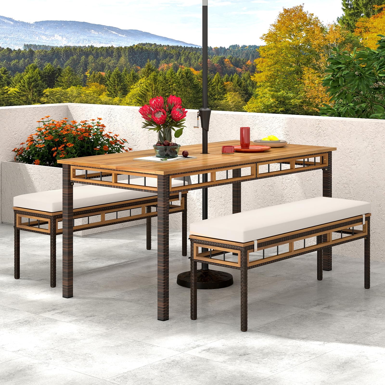Tangkula 3 Pieces Wood Patio Dining Set
