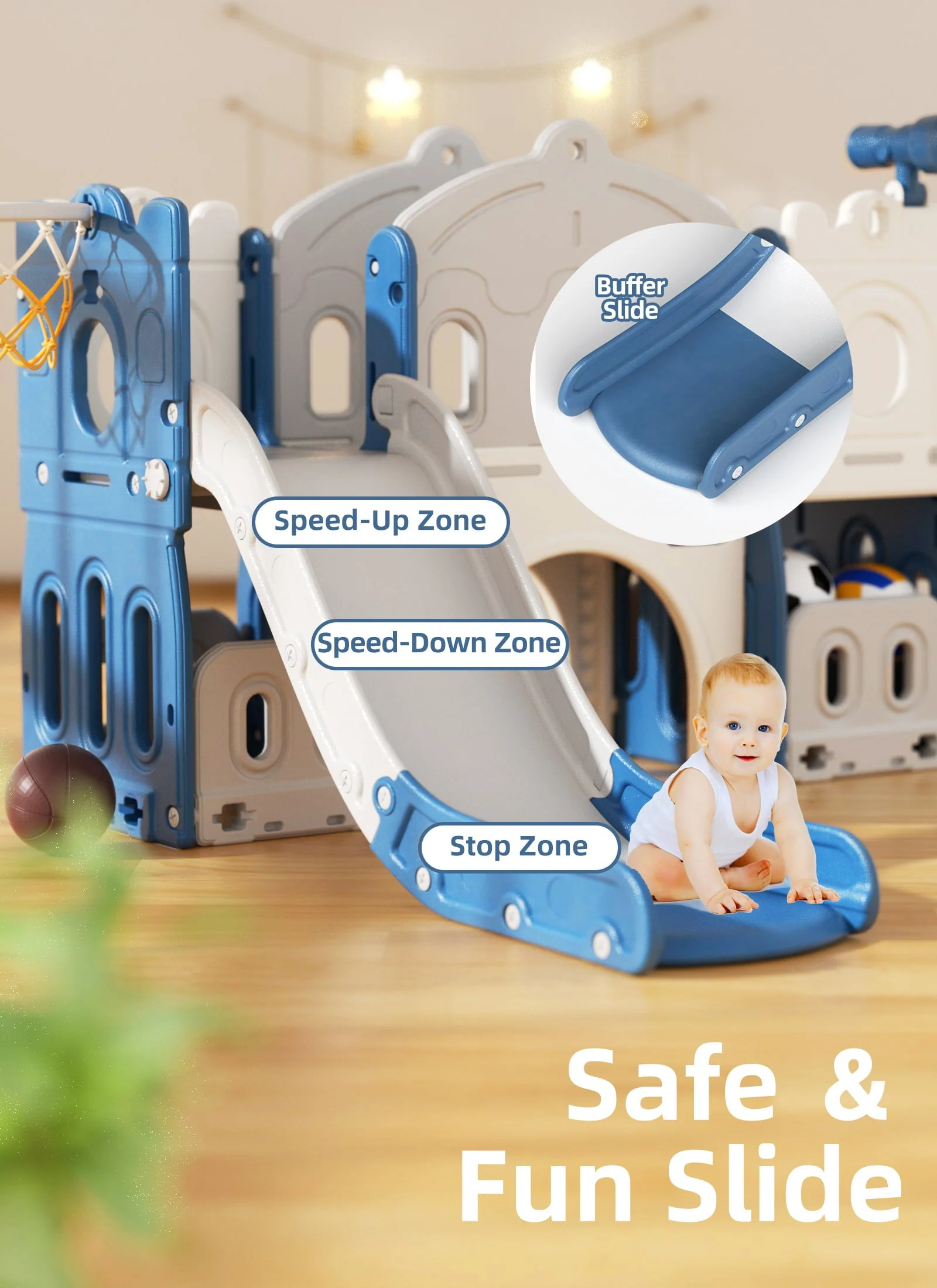 8 in 1 Toddler Slide with Climber, Kids Slide for Toddlers Age 1+,Basketball Hoop,Tunnel and Storage Space,Slide Toddlers Playset playground Outdoor Indoor play Set Image 3