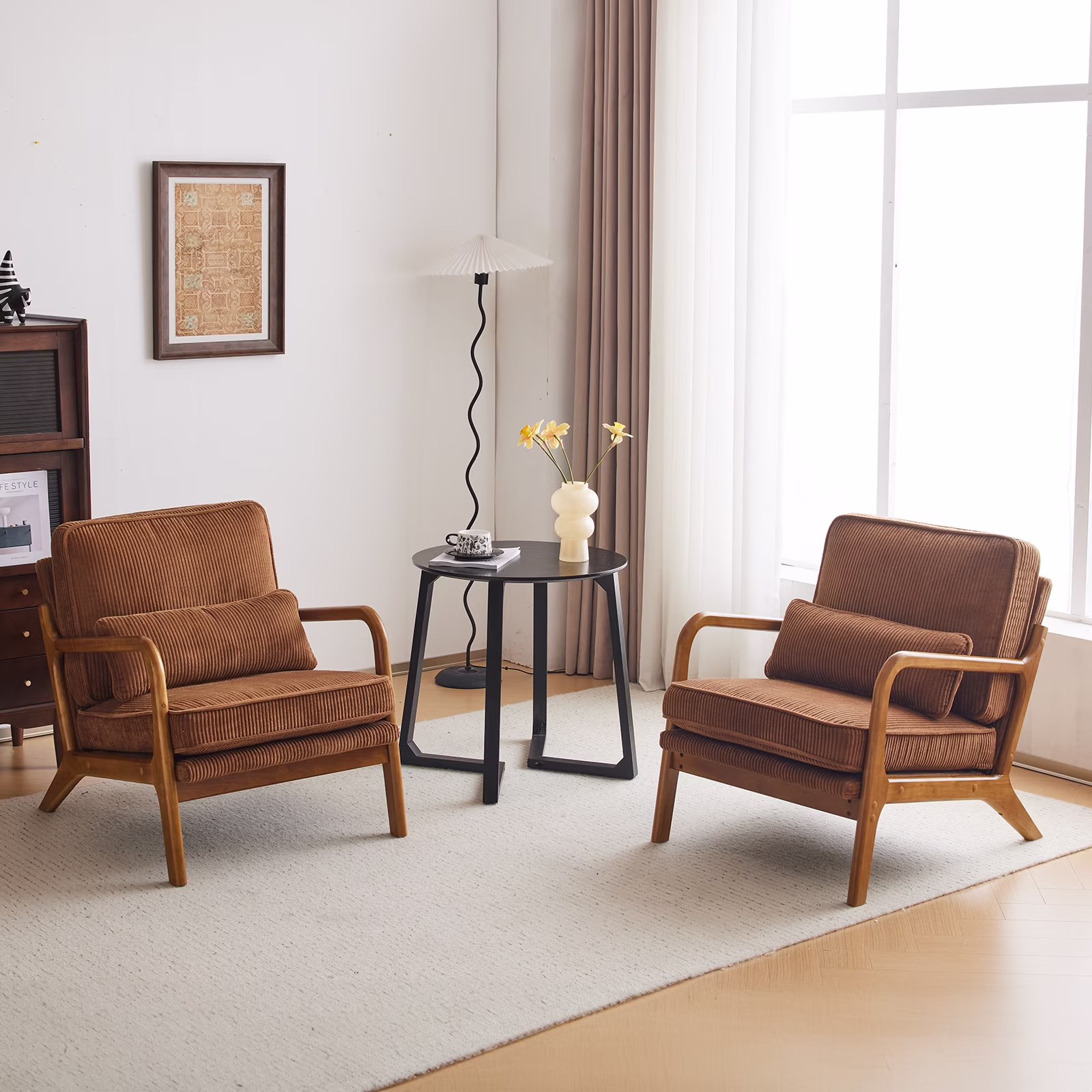 Accent Chair Corduroy Upholstered Armchair, Reading Club Chair with Pillow and Solid Wood Frame for Living Room Bedroom Furniture Off White(Off White-Corduroy) - Image 5