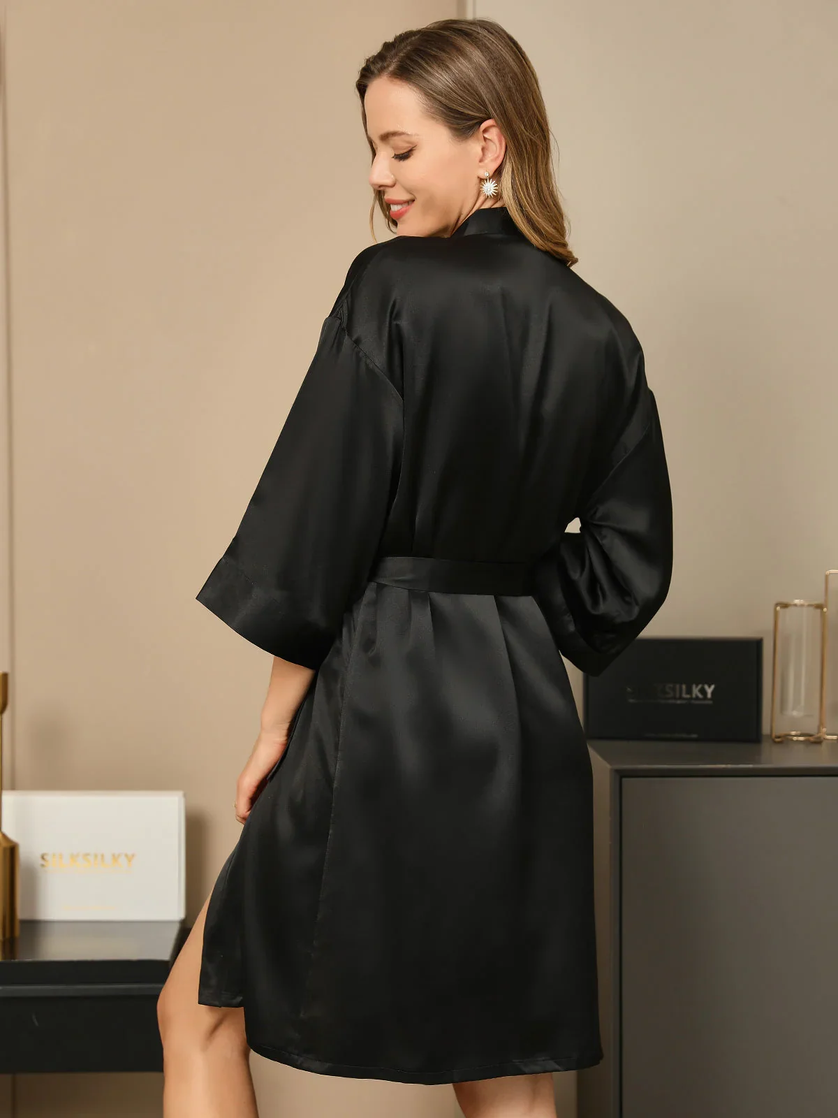 Pure Silk 3/4 Sleeve Women's Kimono Wrap Robe
