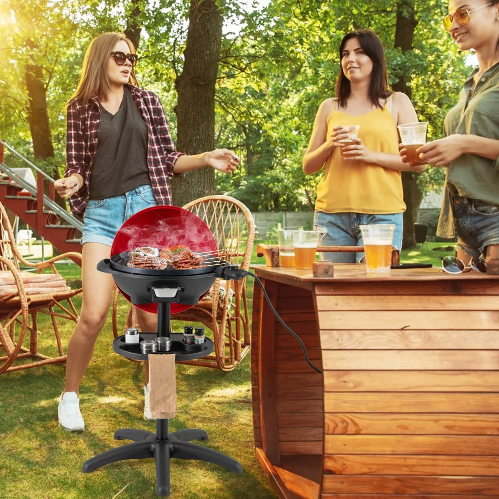 Costway Electric BBQ Grill 1350W Non-stick 4 Temperature Setting Outdoor Garden Camping Red
