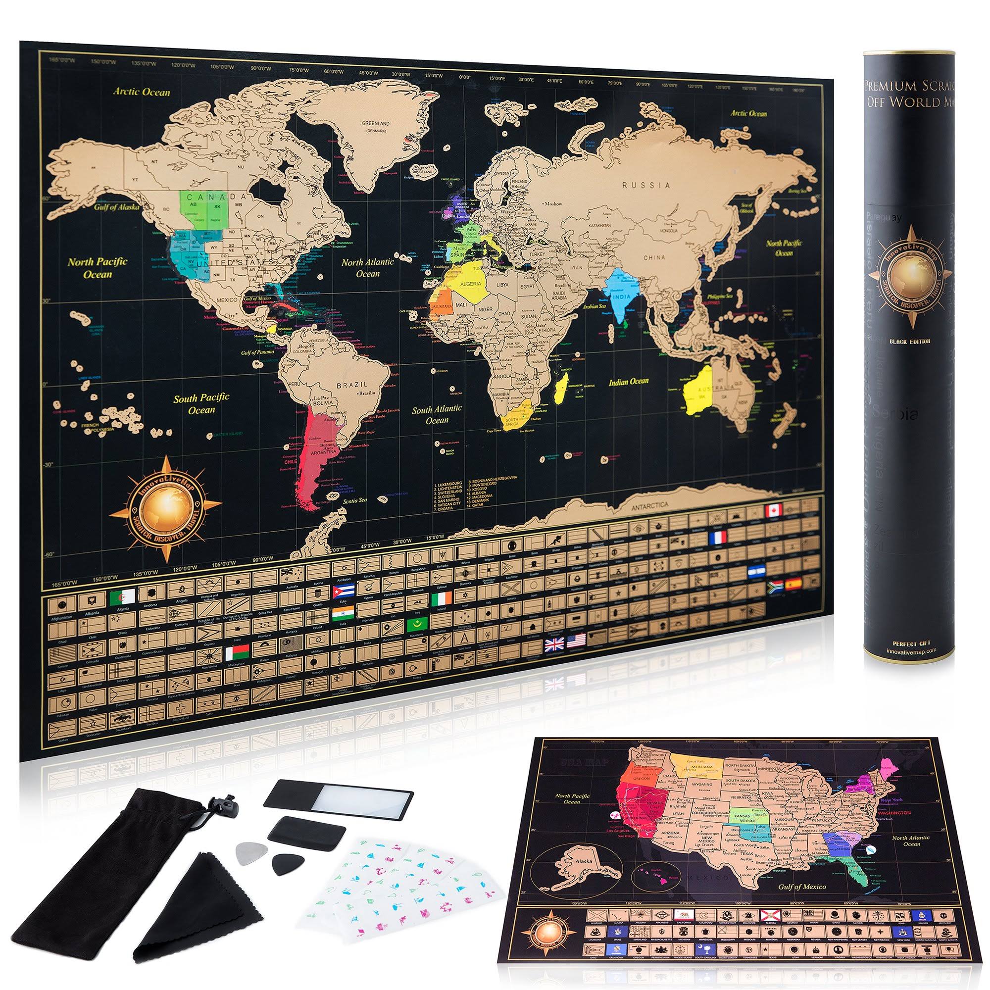 Scratch Off World Map Poster + Deluxe United States Map -Includes Complete Accessories Set & All Country Flags - Premium Wall Art Gift for Travelers