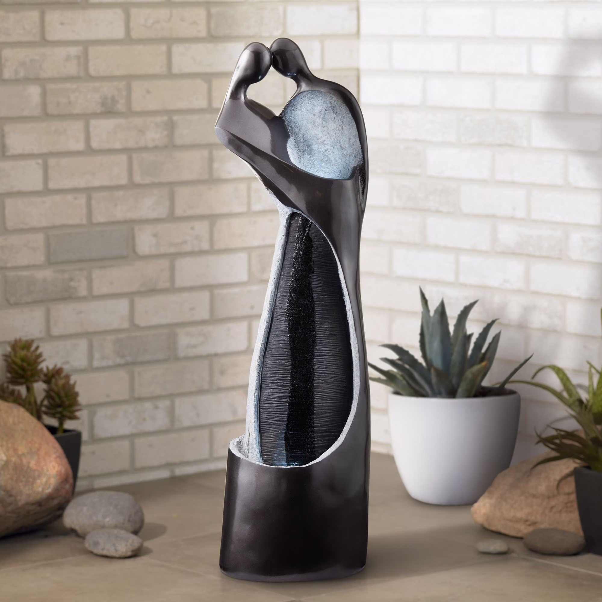 Modern Couple 47 High Large Indoor Outdoor Decor Black Resin Floor Fountain with Light LED Outside Garden Patio