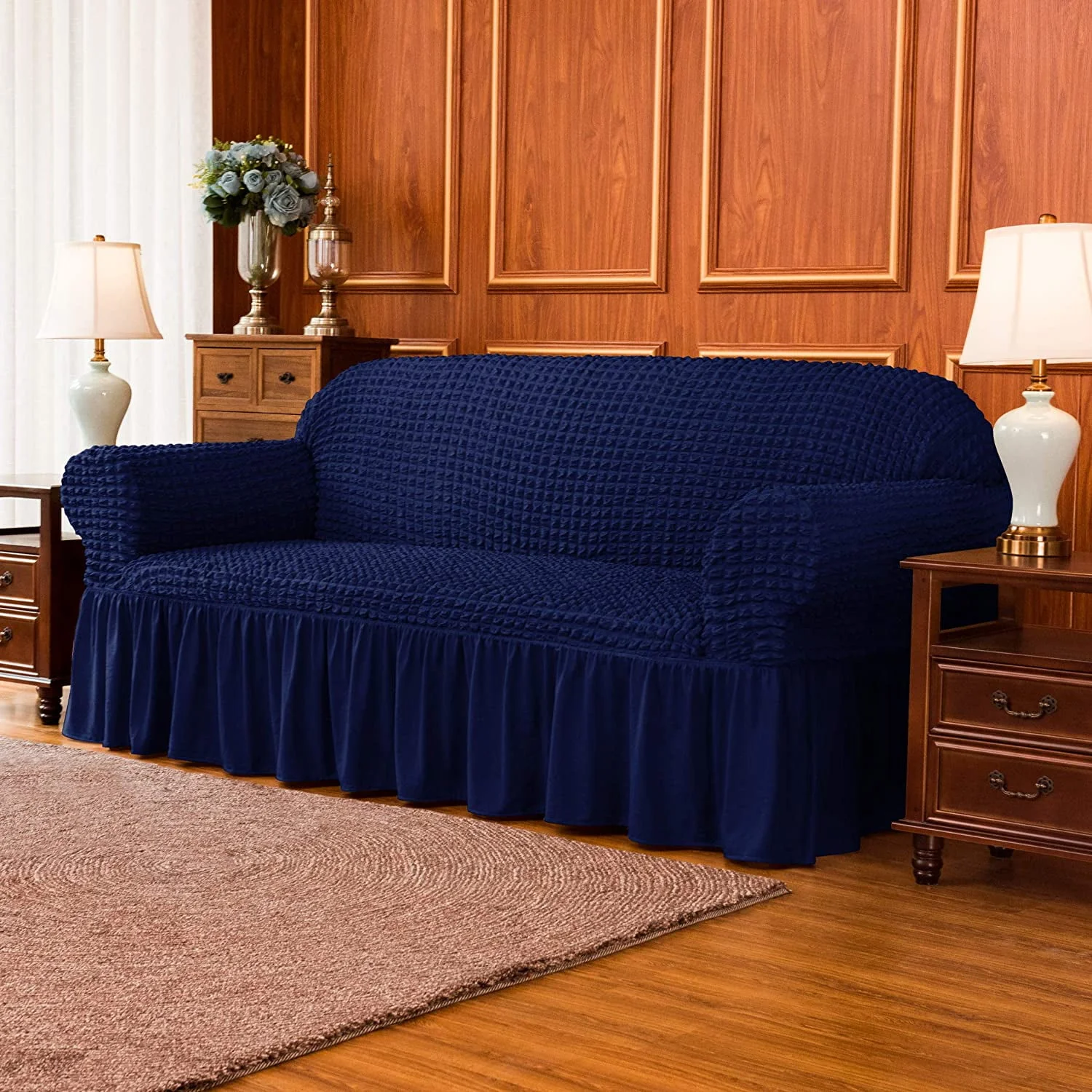 Subrtex 1 - Piece Seersucker Sofa Slipcover Skirt Stretch Couch Cover (Loveseat, Navy Blue)