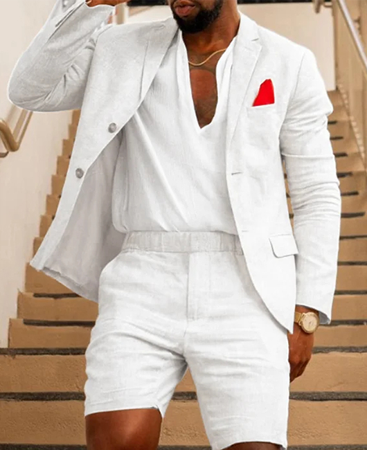 Ensemble 2 pièces OK Casual : blazer et short en lin uni à col à revers