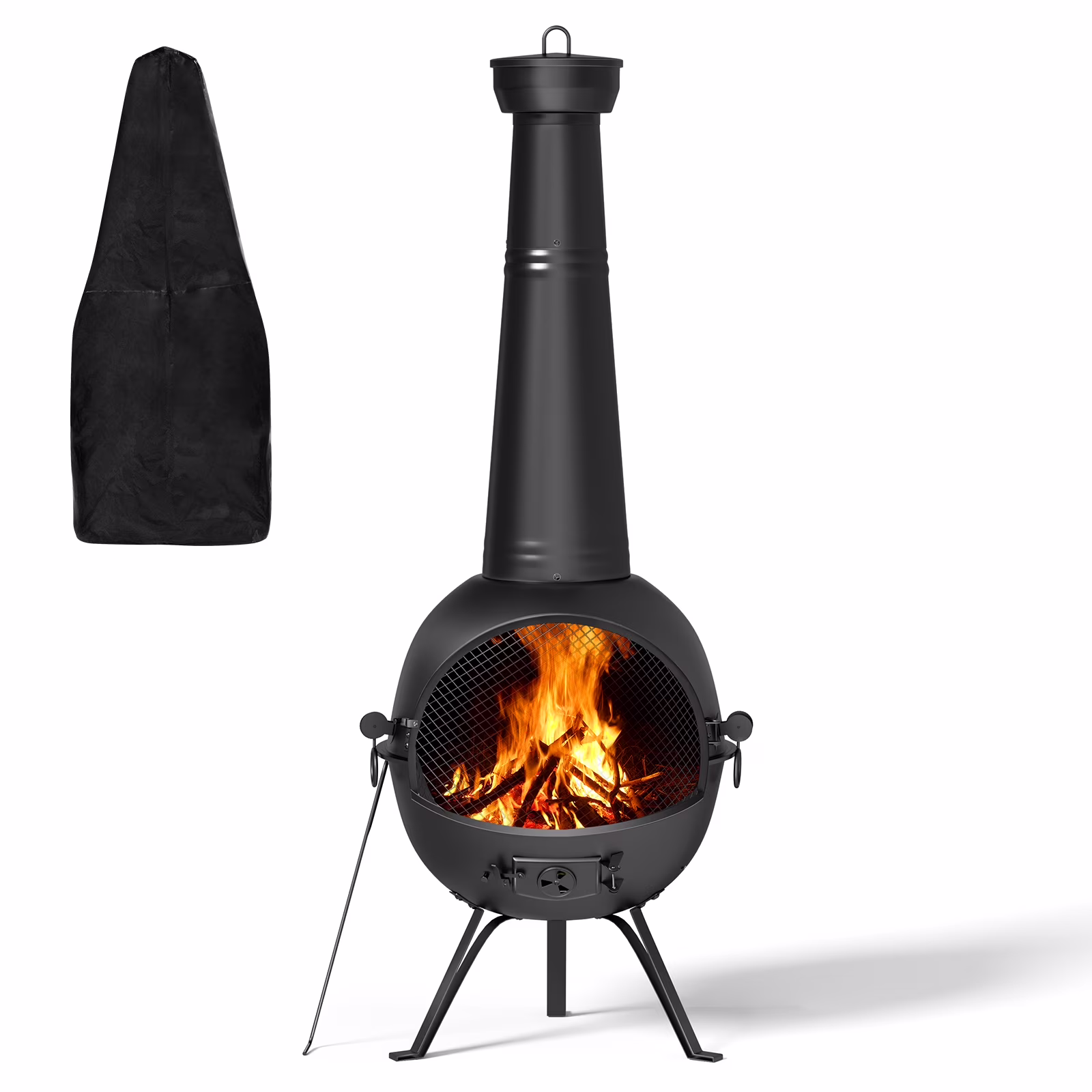 Chiminea Outdoor Fireplace, Wooden Fire Pit for Patio Backyard with Cover, Black(NFP056A)