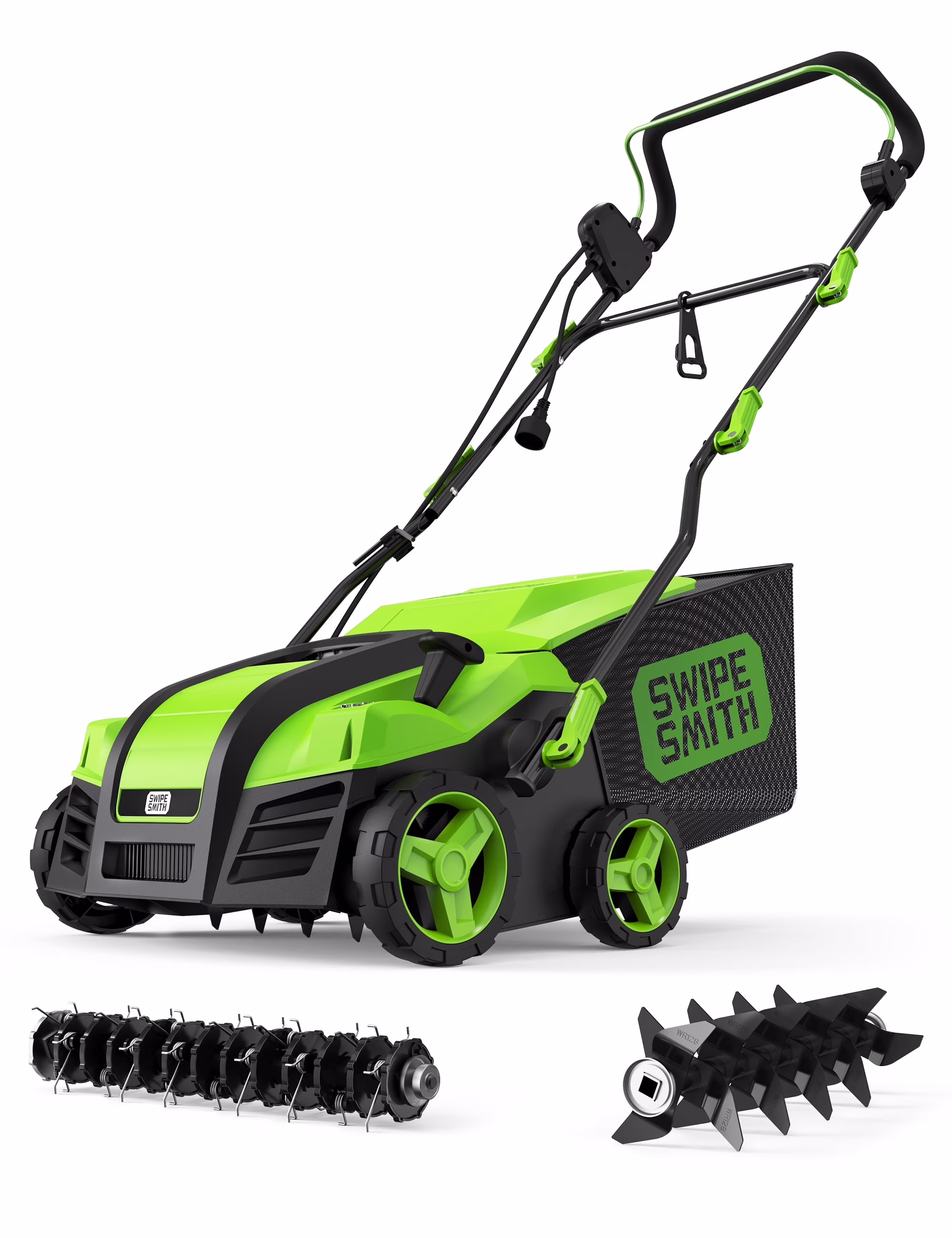 SWIPESMITH 16 15 Amp Electric Dethatcher Scarifier, Lawn with 5 - Position Depth Adjustment, 14.5 Gal Removable Thatch Collection Bag, Quick - Fold, Keeps Health