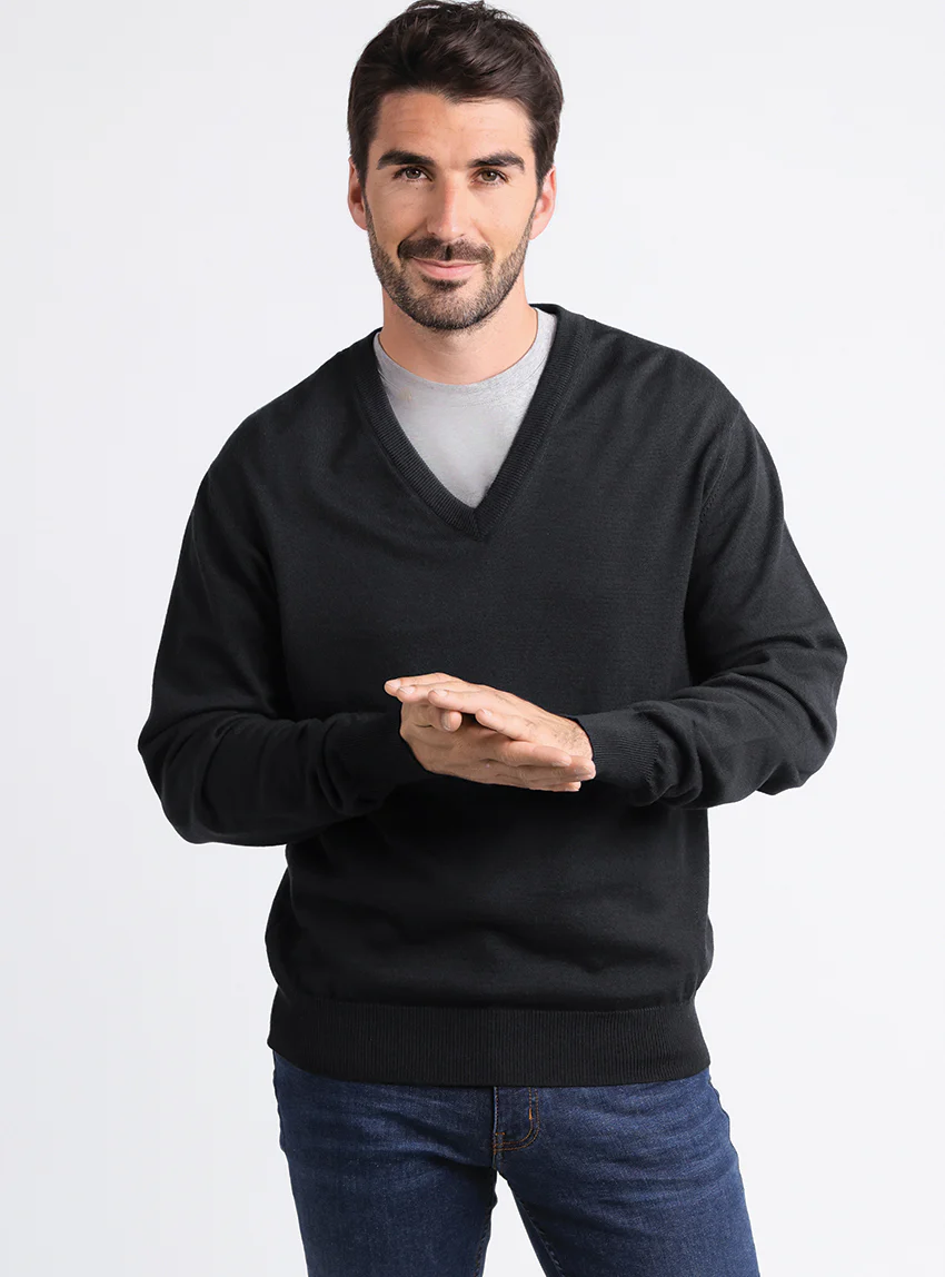 Pull homme col v  100% laine mérinos Noir
