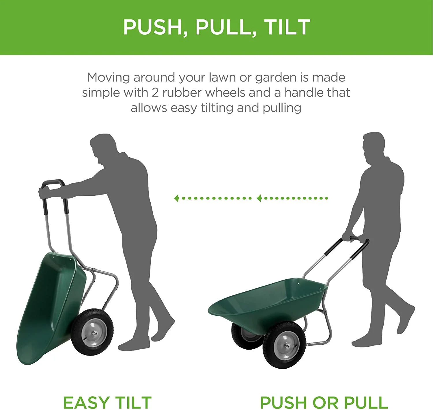 Dual-Wheel Home Utility Yard Wheelbarrow Garden Cart w/Built-in Stand for Lawn, Gardening, Construction,Green(5 cu ft/Green) - Image 8