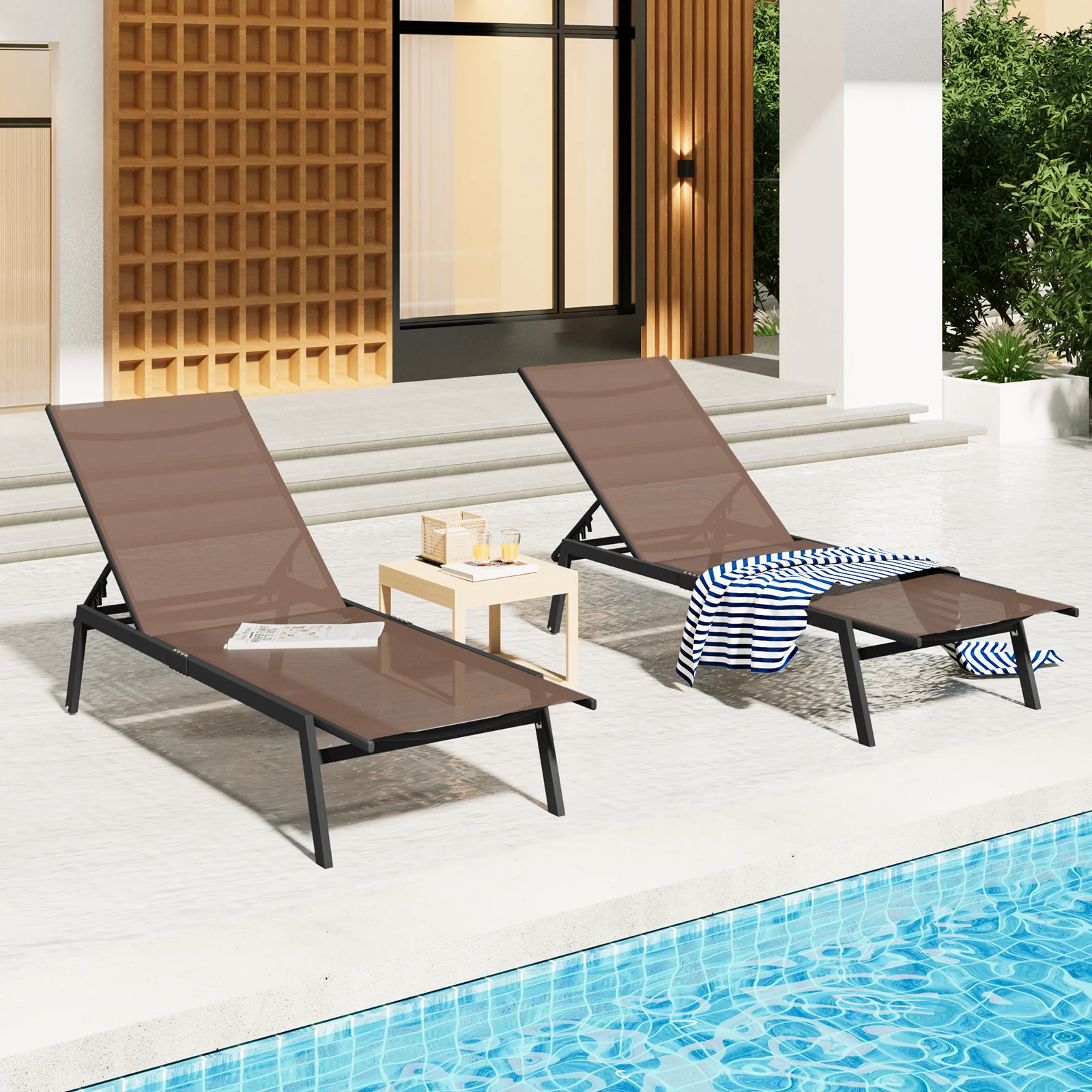 AECOJOY Patio Lounge Chairs, Outdoor Chaise Lounge with Wheels, Brown, 2PCS