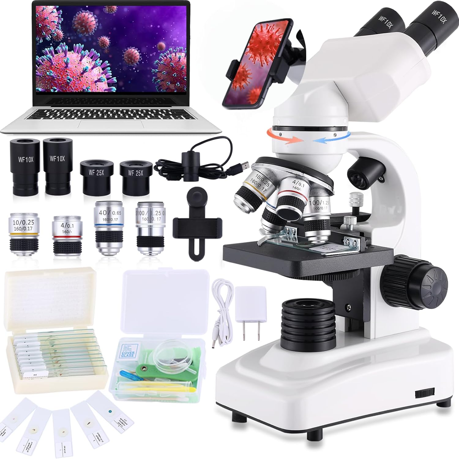 Compound Microscope，40X-2500X ，WF10x and WF25x eyepieces  Dual LED Lighting and Two-Layer Mechanical Stage，Microscope for Adults…