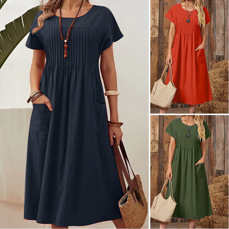 Robe mi-longue plissée à manches courtes avec poches