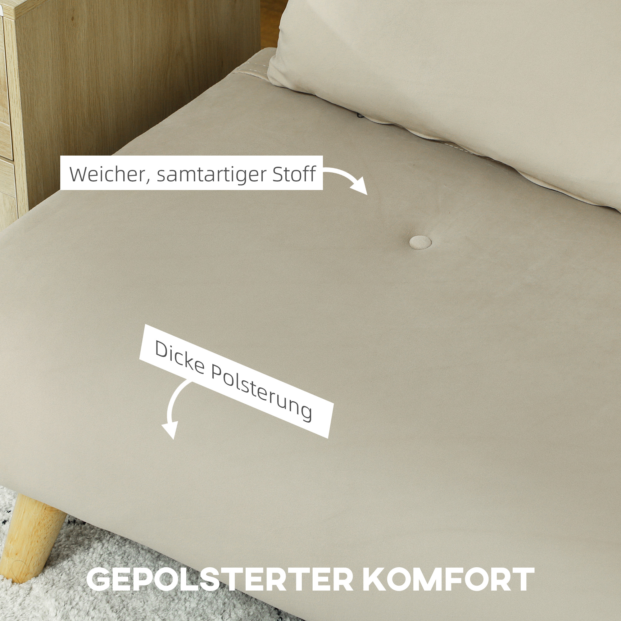 HOMCOM Slaapbank Relaxbank Sofa Couch, Incl. 2 Kussens, Fluweeloptiek, 130 x 78 x 79 cm, Beige