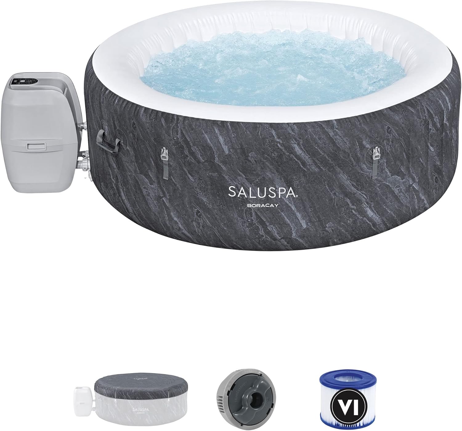 Large Round 2 to 4 Person Inflatable Hot Tub Portable Outdoor Spa with 120 Airjets and Energysense Cover, Grey