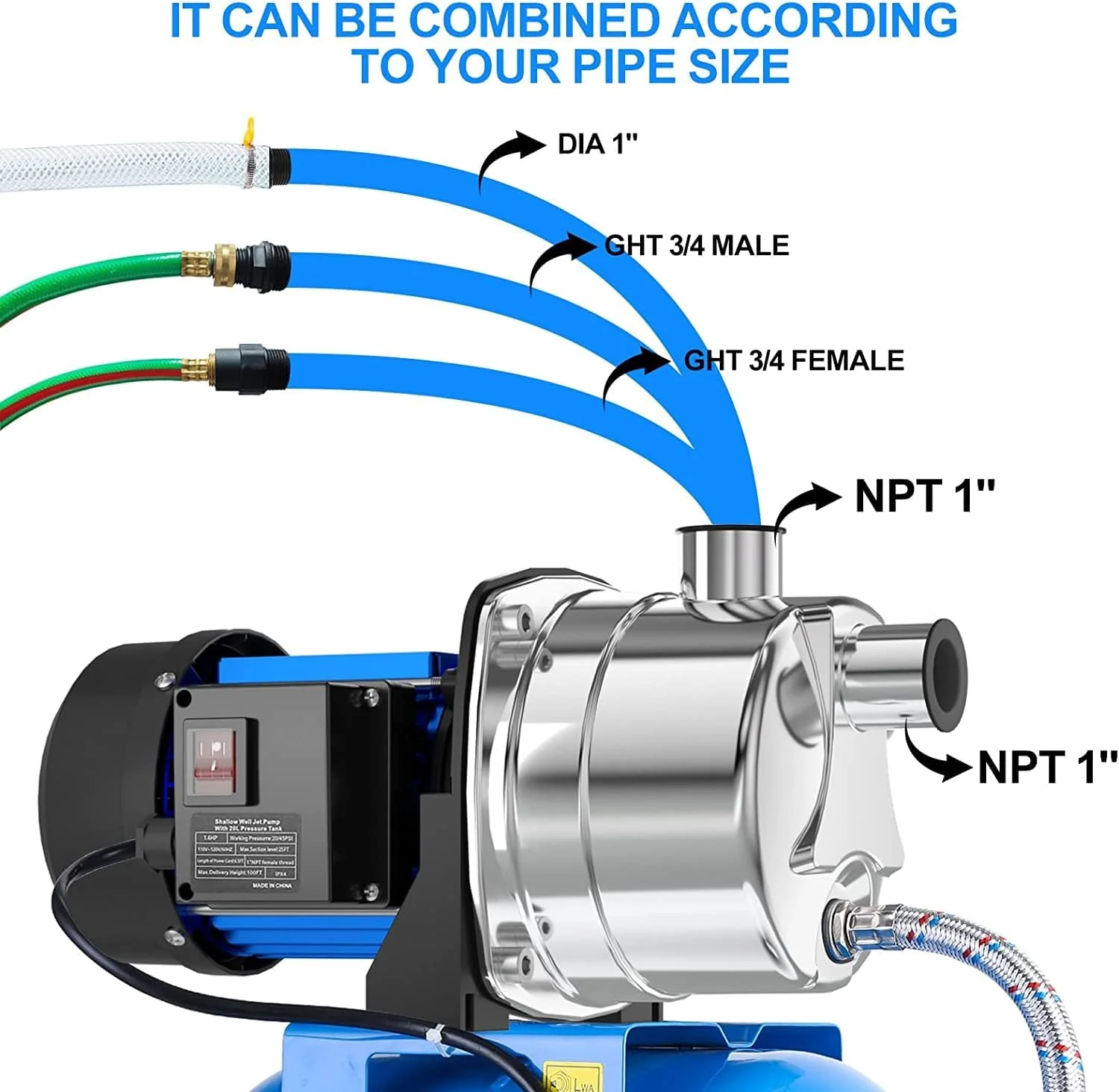 Pompe à eau pour puits peu profonds de 1,6 CV avec réservoir sous pression, débit de 1268 GPH, en acier inoxydable, pompe de transfert et de drainage, pompe de surpression pour système d'arrosage automatique, pompe à eau pour l'irrigation de la maiso