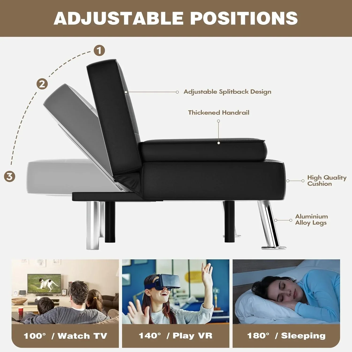 Canapé-lit futon Homall en cuir avec accoudoirs et fauteuil inclinable réglable