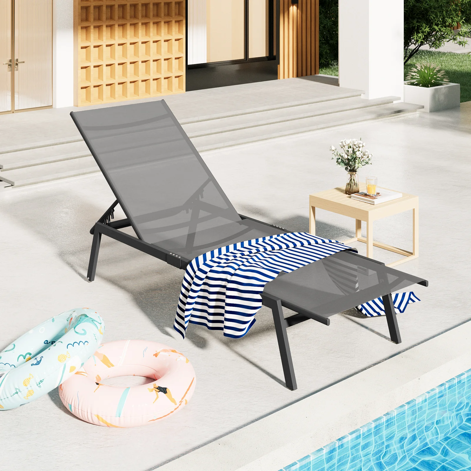 AECOJOY Patio Lounge Chairs, Outdoor Chaise Lounge with Wheels, Dark Grey, 4PCS