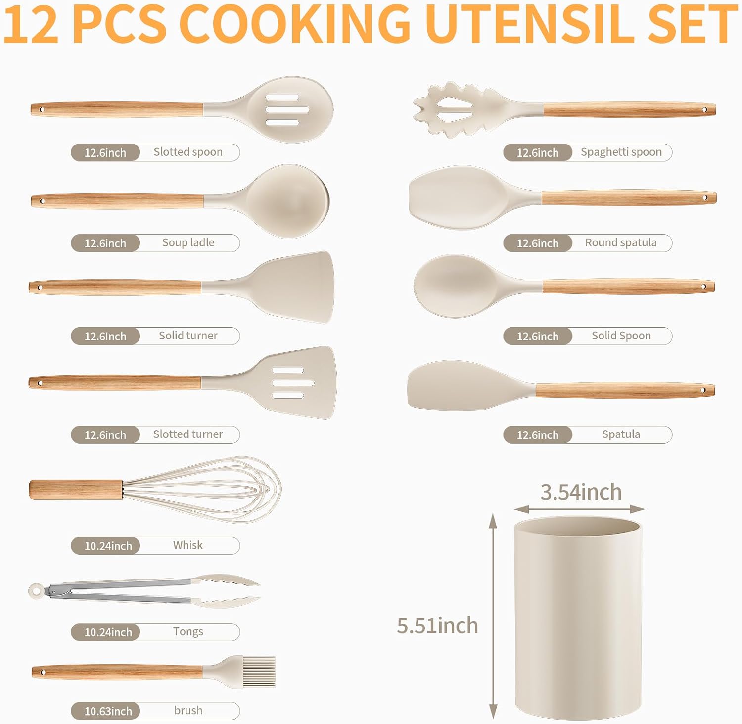 Silicone Cooking Utensil Set,12 PCS Cooking Cookware Kitchen Utensils Set for Cooking, Nonstick 446°F Heat-Resistant Cookware Kitchen Tools of Spoon, Brush, Whisk, Spatula, Turner Tongs (Khaki)