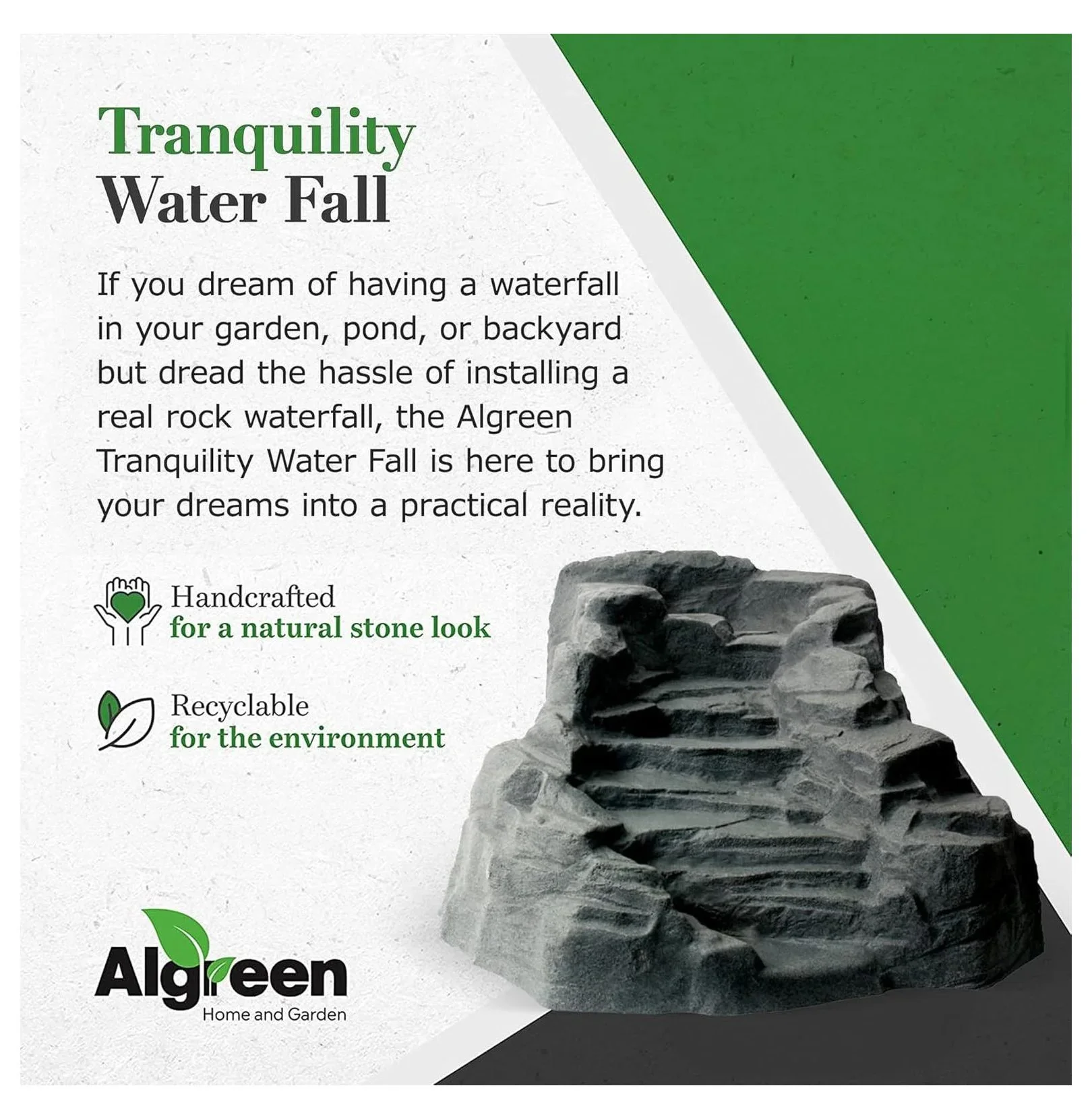 Tranquility Lightweight Polyethylene Outdoor Water Fountain Rock Waterfall for Garden, Pond, and Backyard, Gray Charcoalstone