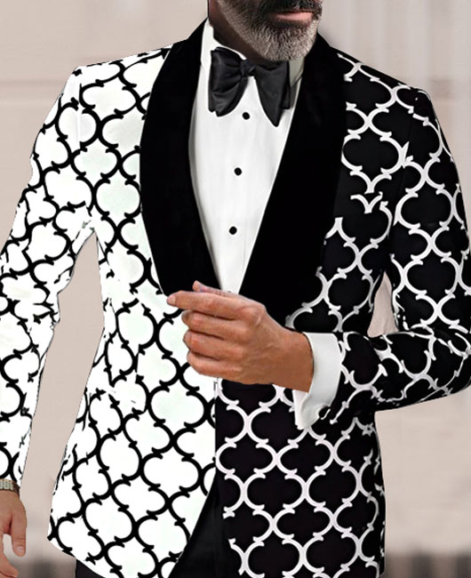 Blazer élégant à col revers imprimé graphique bicolore noir et blanc