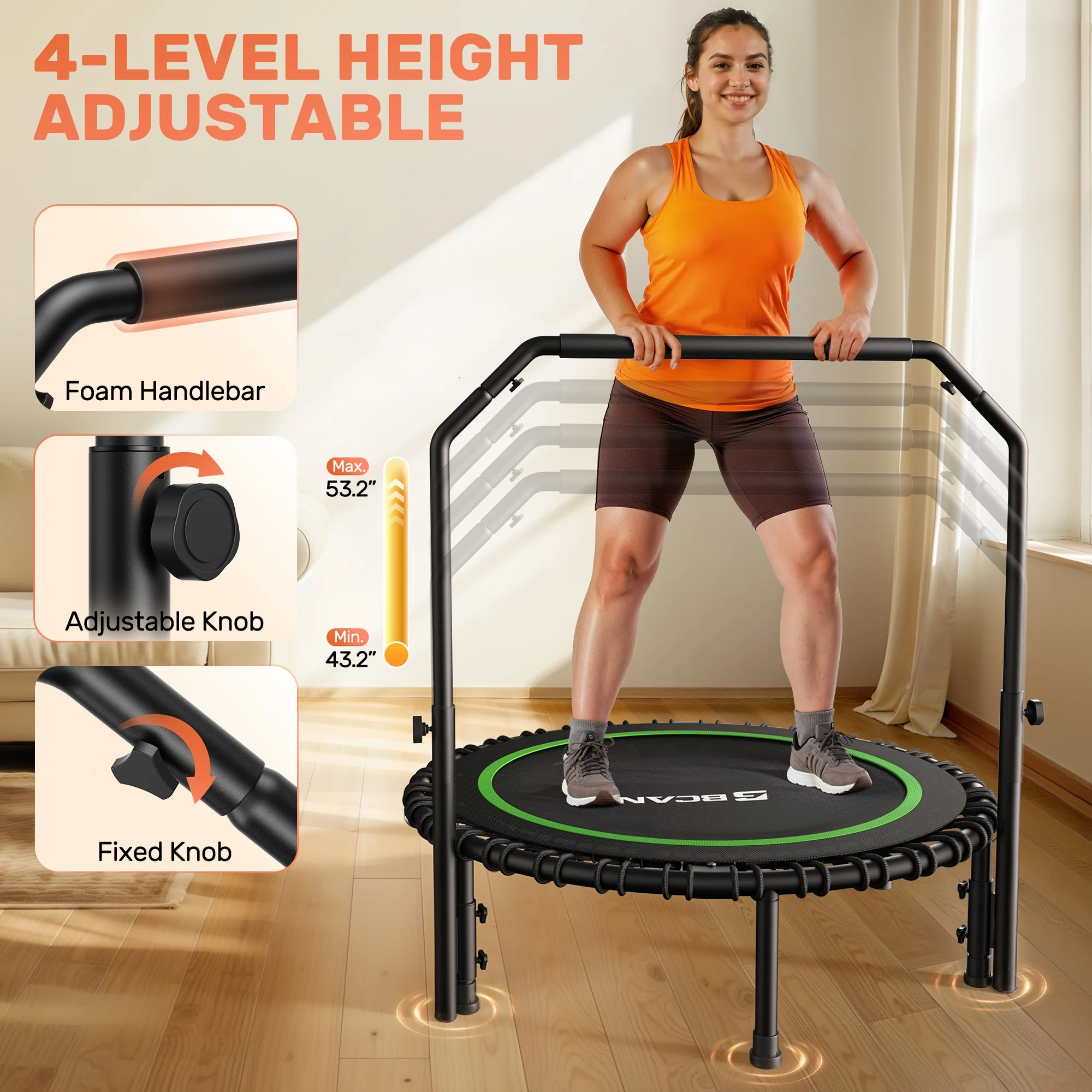450 LBS Foldable Mini Trampoline, 40" Fitness Trampoline with Bungees, Stable Quiet Exercise Rebounder for Kids/Adults(40in Green) - Image 7