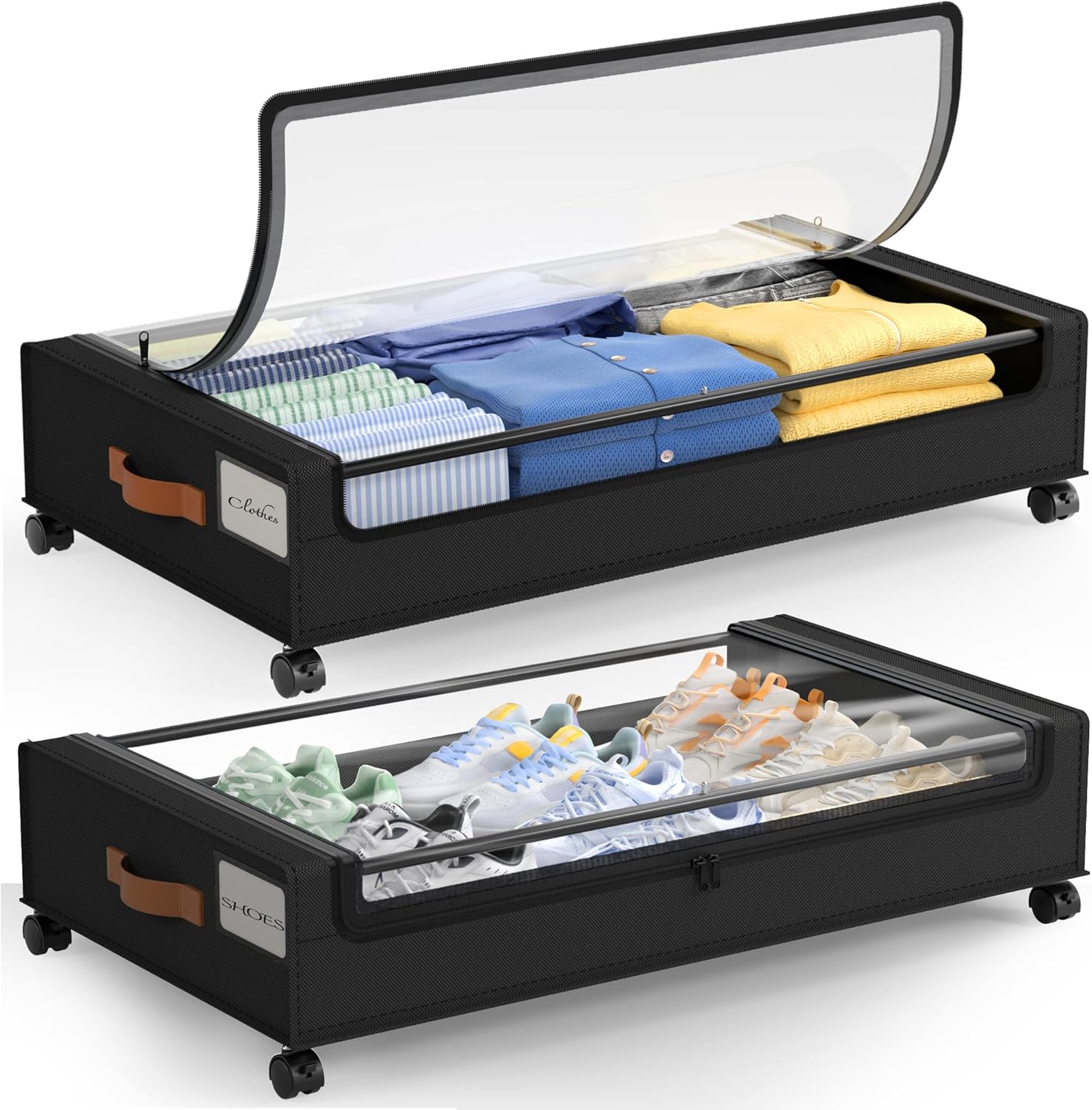 LAMU Under Bed Storage with Wheels, 2-Pack Underbed Storage Containers, Black