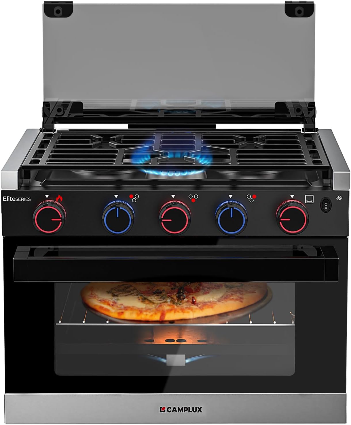 Cuisinière à gaz liquéfié pour camping-car, hauteur 53 cm (21 pouces), avec four et 3 brûleurs, idéale pour les camping-cars, appartements et mobil-homes, en acier inoxydable.