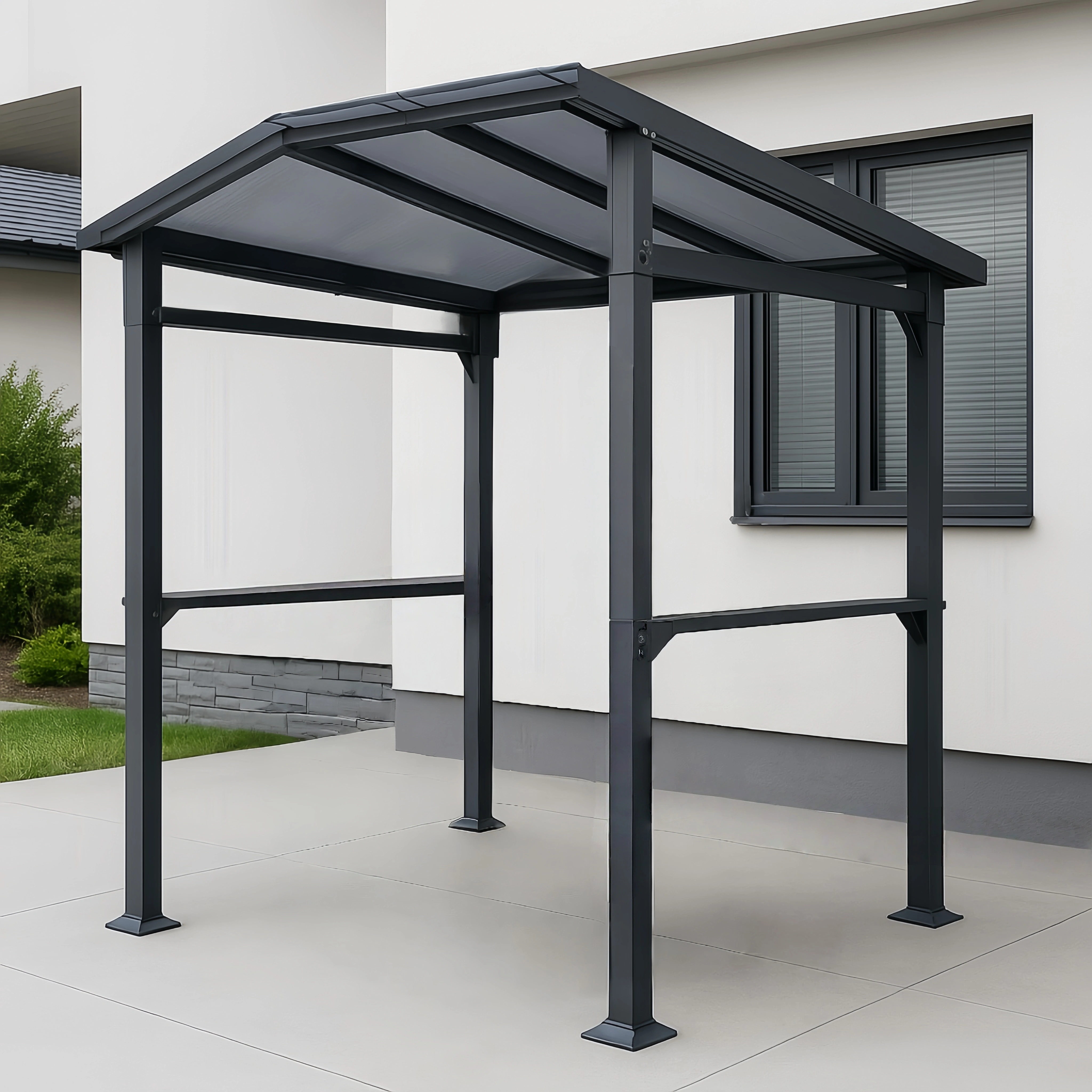 Sort udendrs grillskur i aluminium med terrasseoverdkning, 220 x 140 x 230 cm