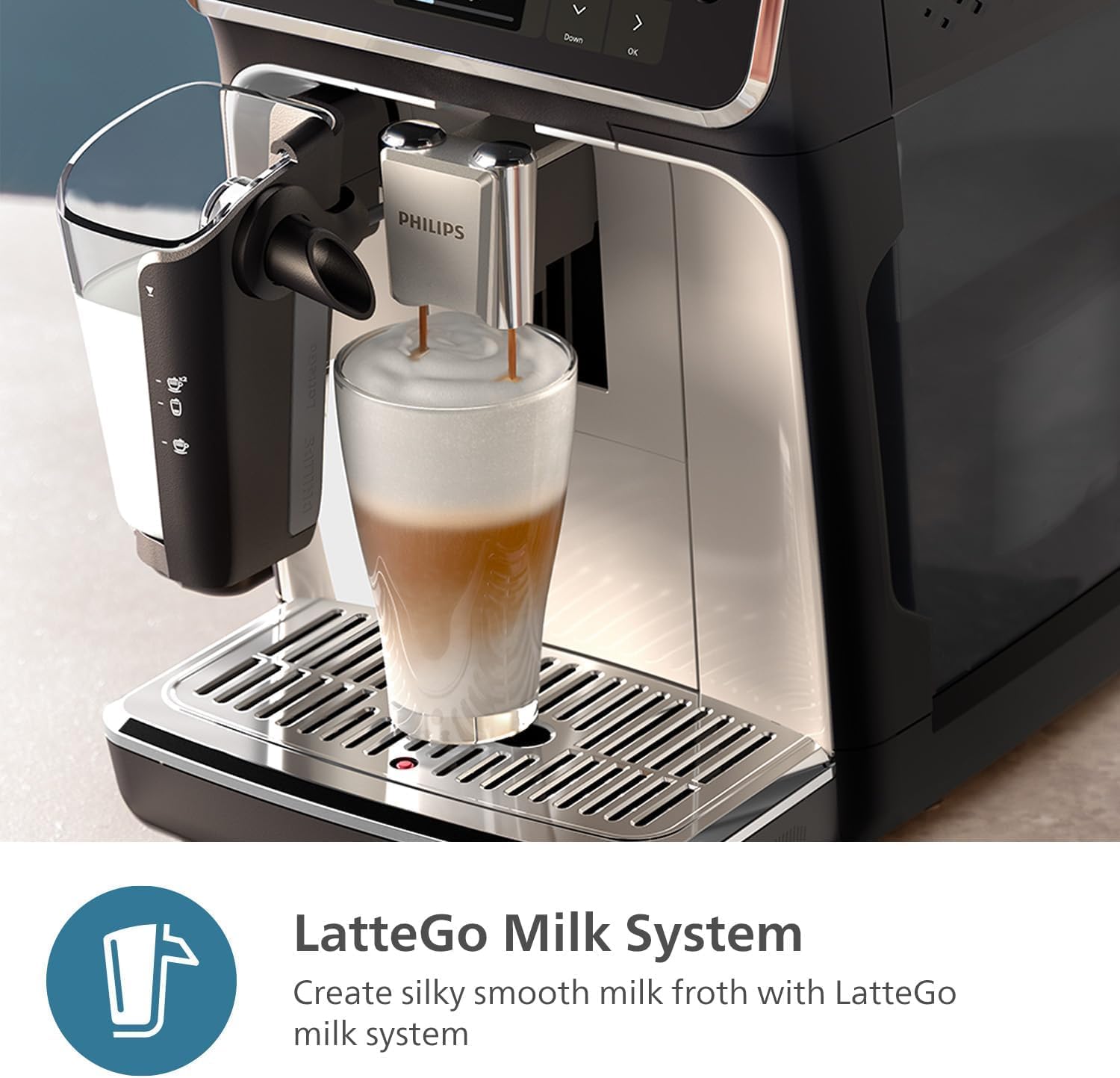 PHILIPS 5500 Series Fully Automatic Espresso Machine - LatteGo Milk System, 20 Coffee Varieties, Intuitive Touch Display, SilentBrew, 100% Ceramic Grinder, AquaClean Filter, Grey Chromed (EP5544/90) (Renewed)