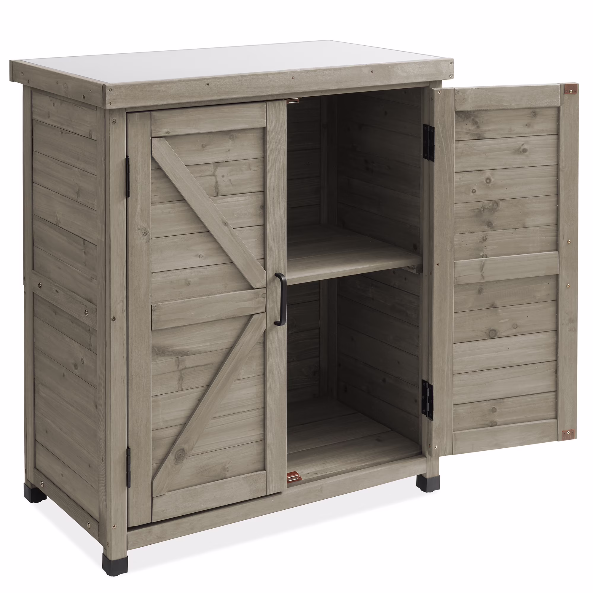 Outdoor Storage Cabinet and Potting Bench with Metal Tabletop and Storage Cabinet Wooden Outdoor Garden Patio Workstation Table, Gray(Gray)