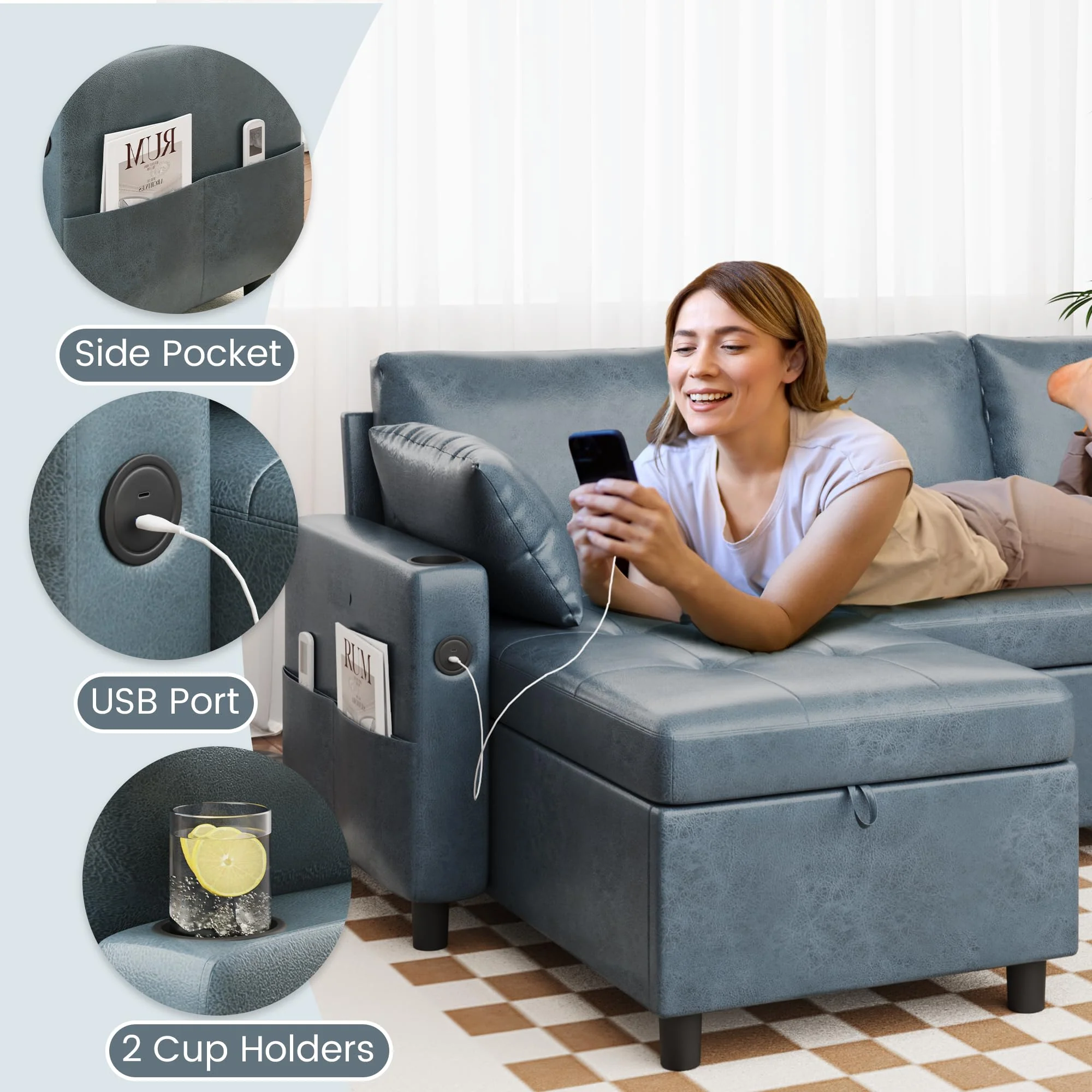 AECOJOY Sleeper Sofa Couch with Pullout Bed, Faux Leather, Blue