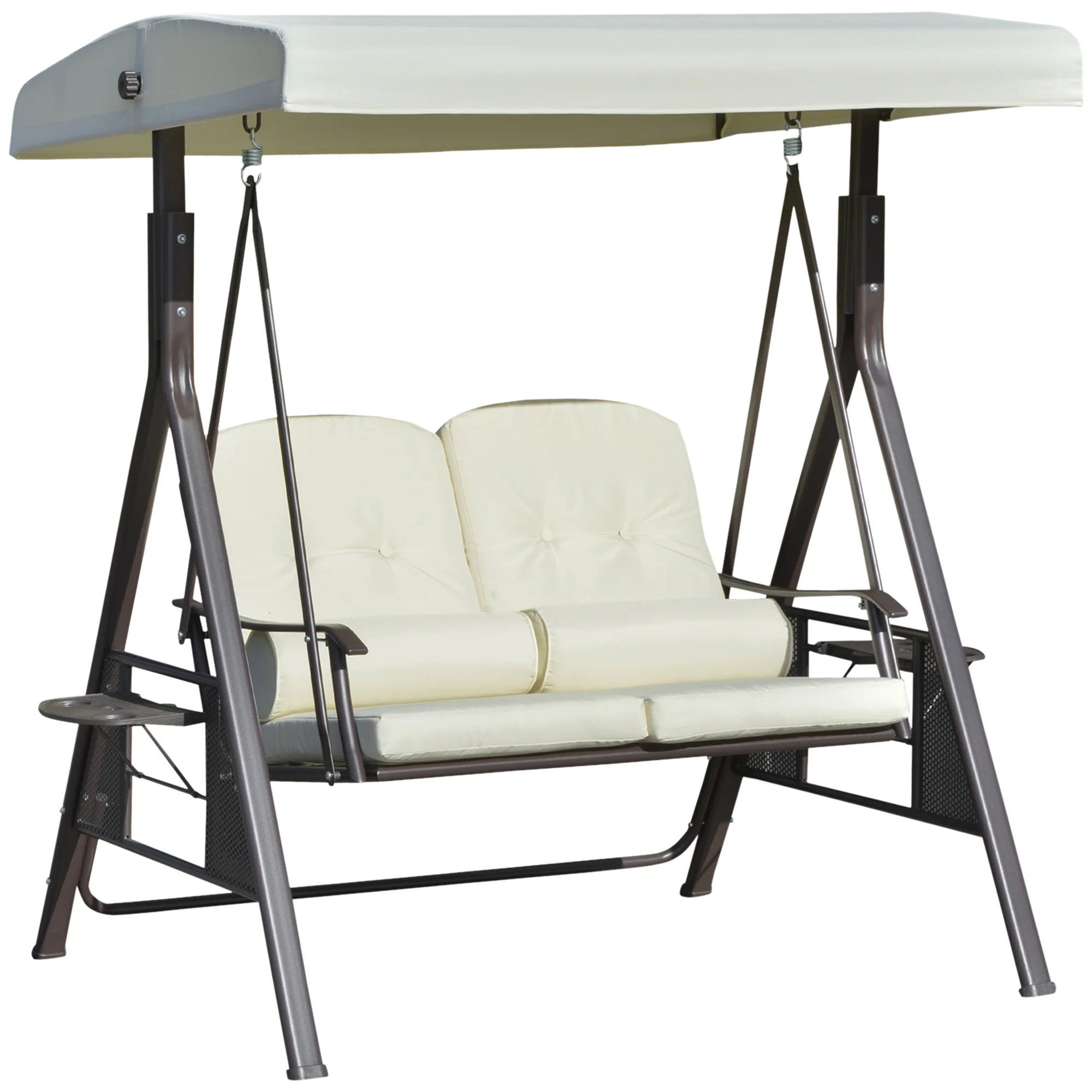 2-Person Patio Swing Bench with Adjustable Shade Canopy, Soft Cushions, Throw Pillows and Tray, Beige.(Beige) - Image 2