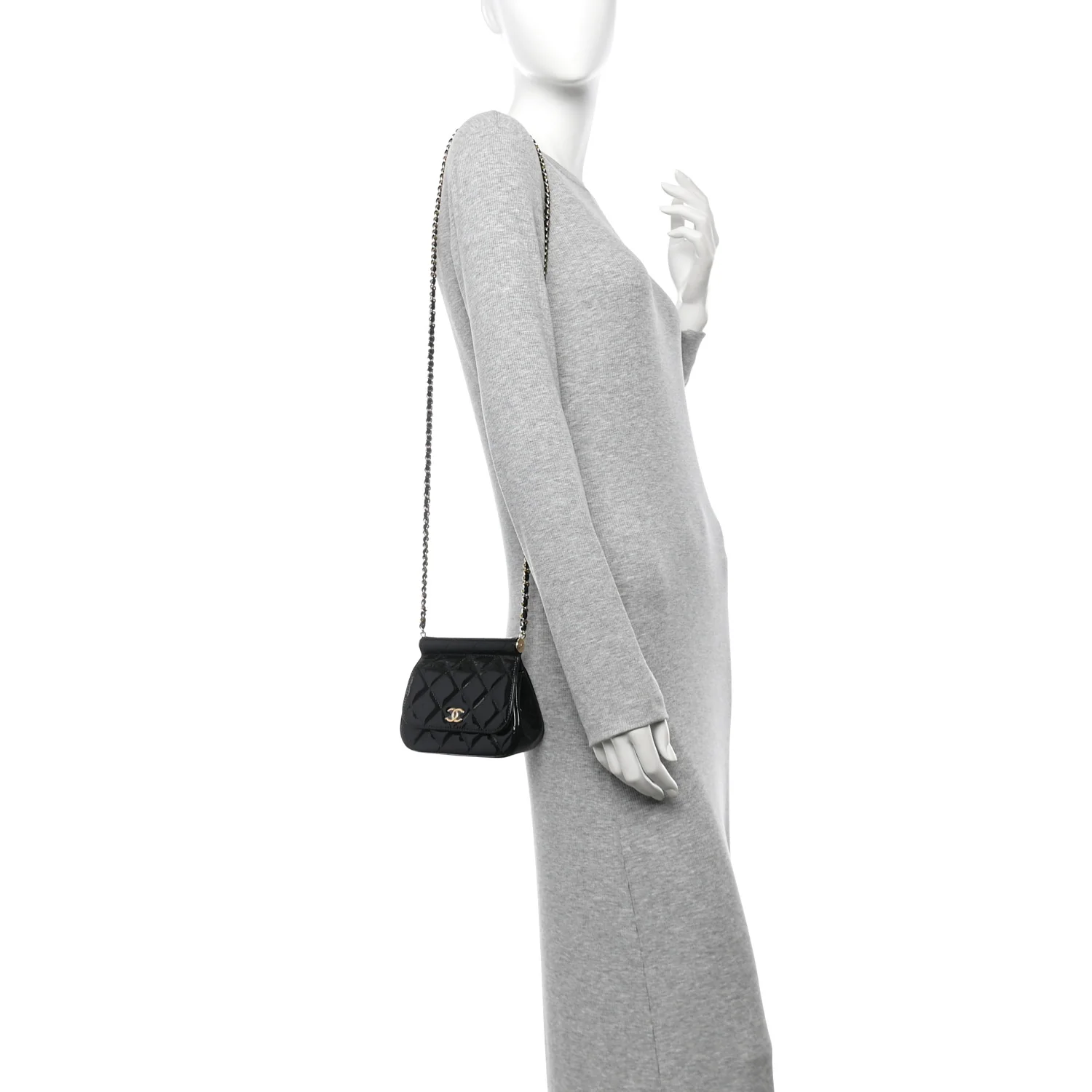 Patent Quilted Frame Clutch Flap With Chain Black