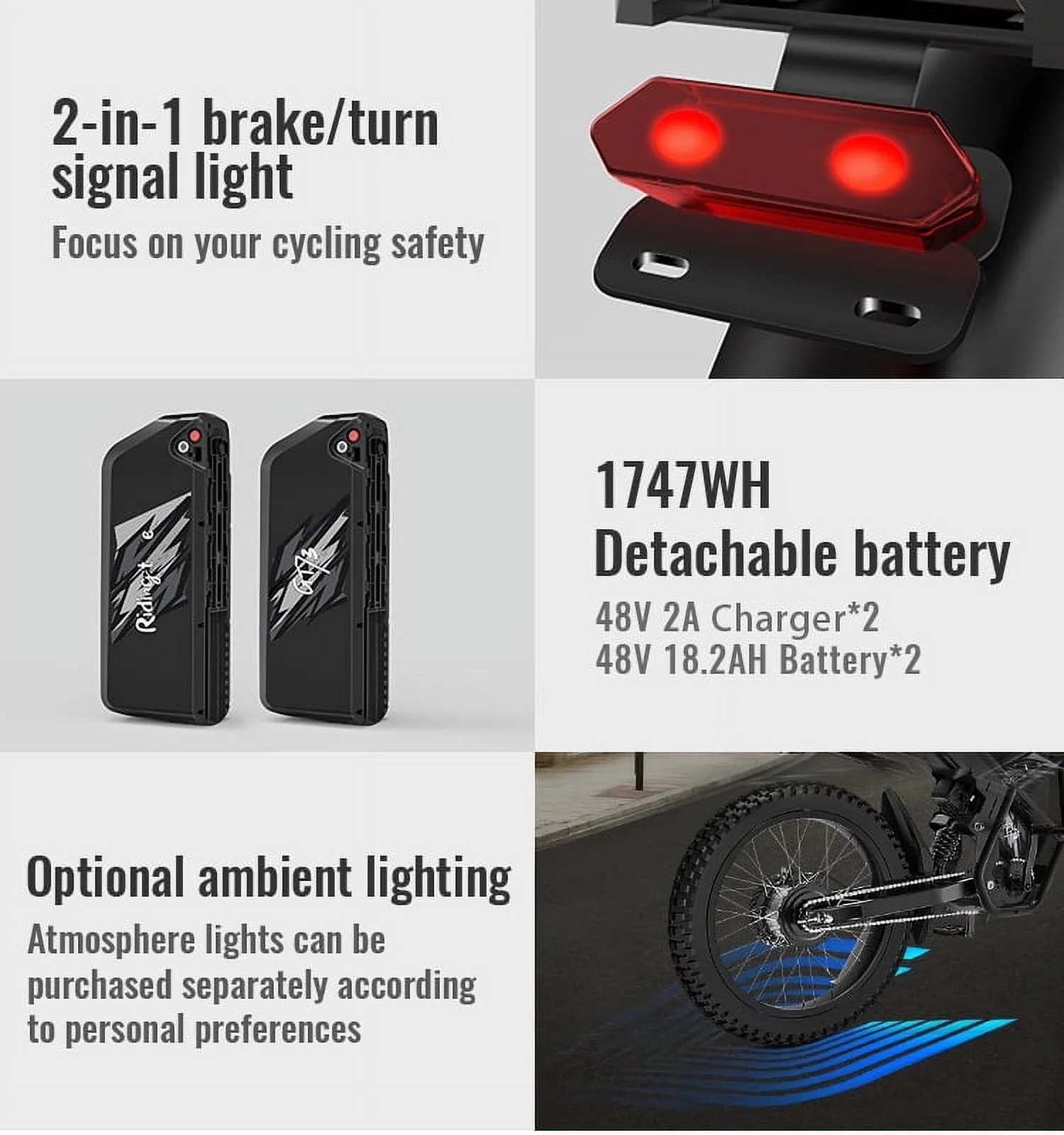 2000W Electric Dirt Bike for Adults GT73 UL2849,Brushless Hub Motor,18.2AH*2 Electric Bike with 25\" tires digital screen Carbon Steel,Black(GT73 37Mph 2400W) - Image 9