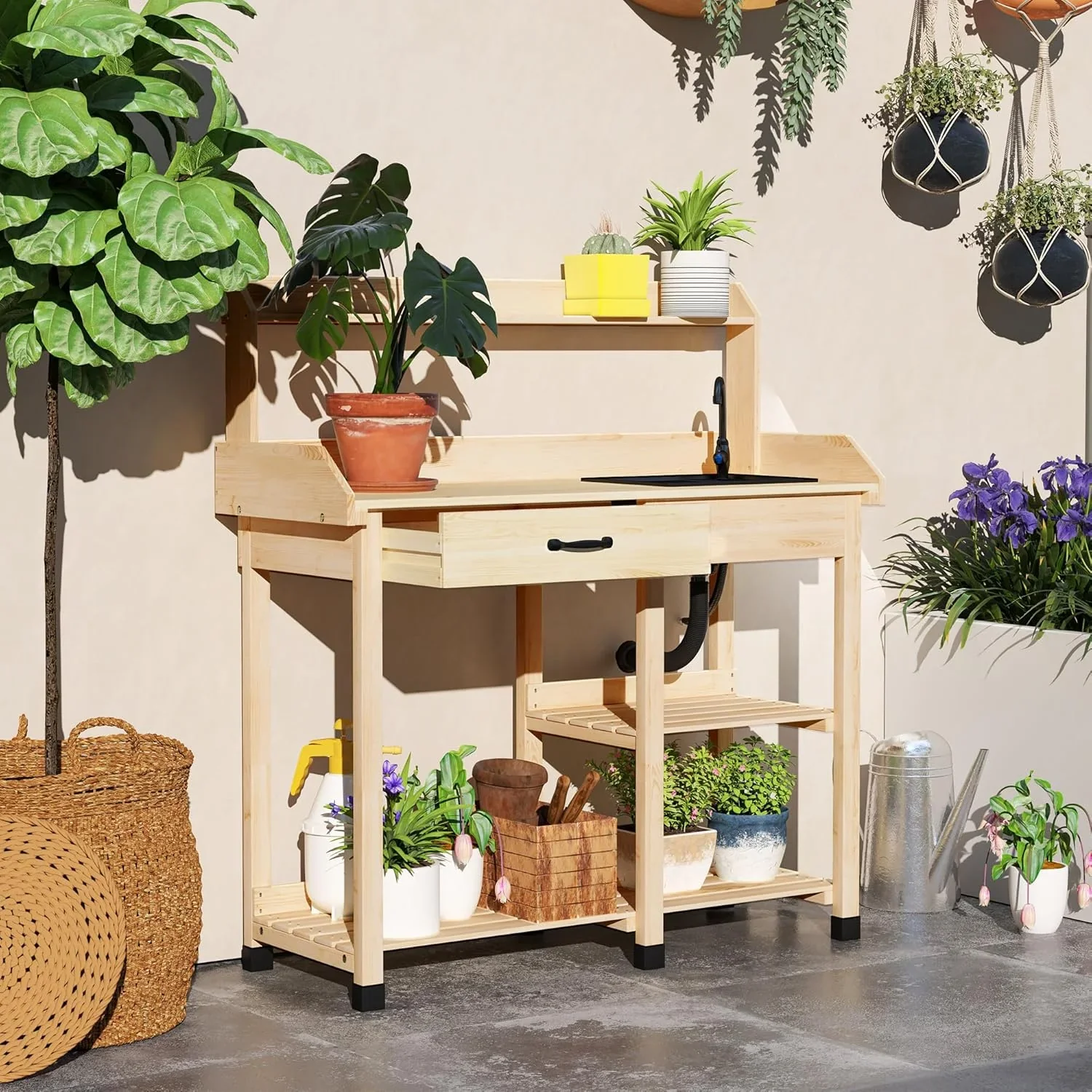 SSYBAB Potting Bench Table, Outdoor Garden Table Wooden Work Station with Removable Sink, Faucet, Drawer, Shelves, Hooks, Natural Wood
