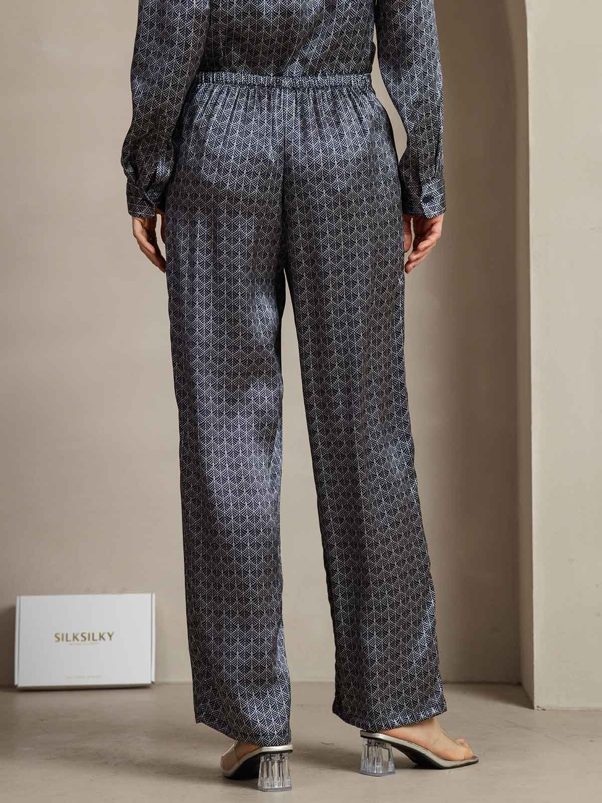 19Momme Silk Navy Ginkgo Print Wide Leg Women's Pants With Side Pockets Design