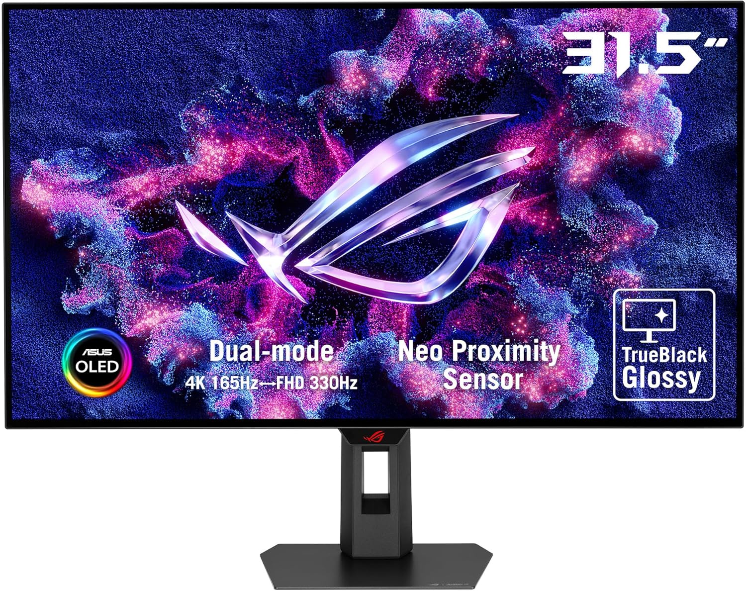 ASUS ROG Strix 32” 4K OLED Gaming Monitor (XG32UCWG) - TrueBlack Glossy OLED  Dual Mode (4K@165Hz  FHD@330Hz)  0.03ms  G-SYNC Compatible  Neo Proximity Sensor  USB-C  HDMI 2.1  3 yr Warranty