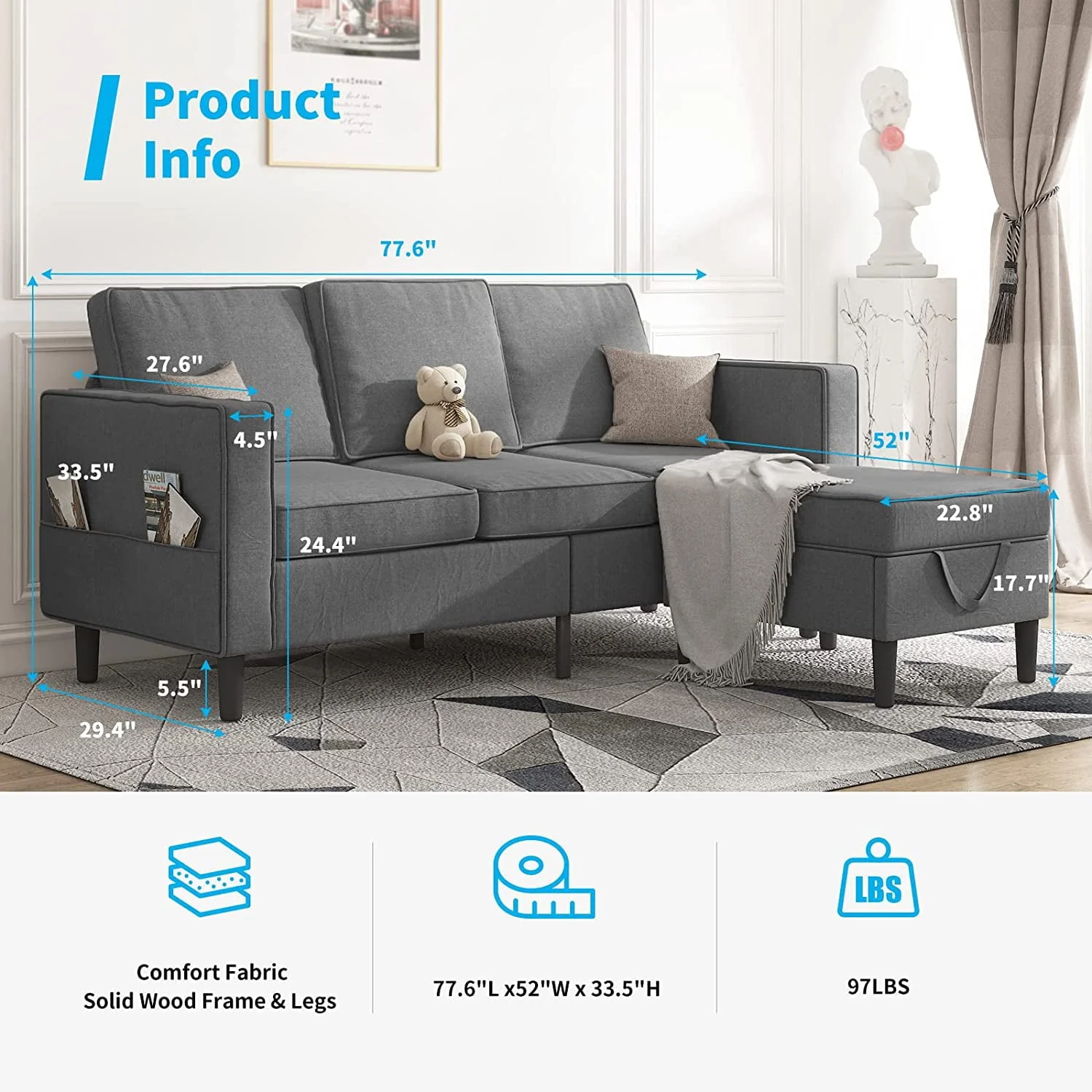 Convertible Sectional Sofa Couch, L Shaped Couch with Storage Ottoman, Couches for Living Room, Living Room Furniture Suitable for Small Space Apartment/Upstairs Loft/Living Room (Dark Gray)(Beige) Image 3