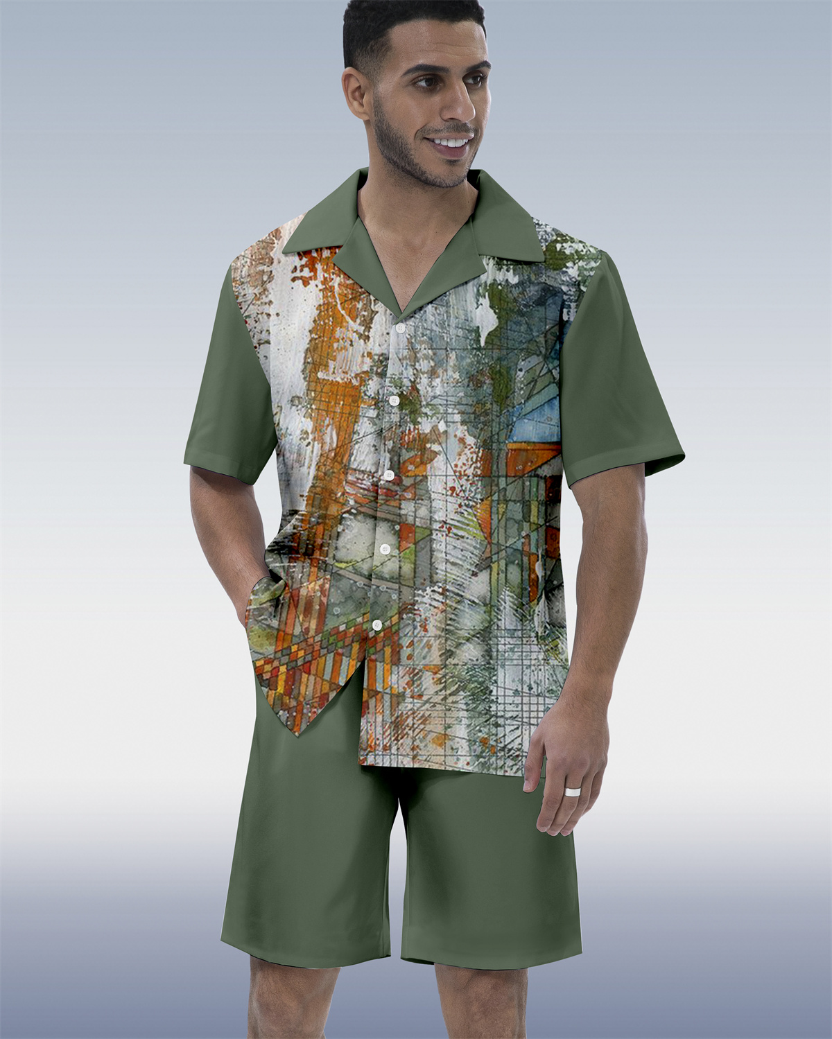 Costume hawaïen à manches courtes pour homme, imprimé ethnique ombré contrasté 067