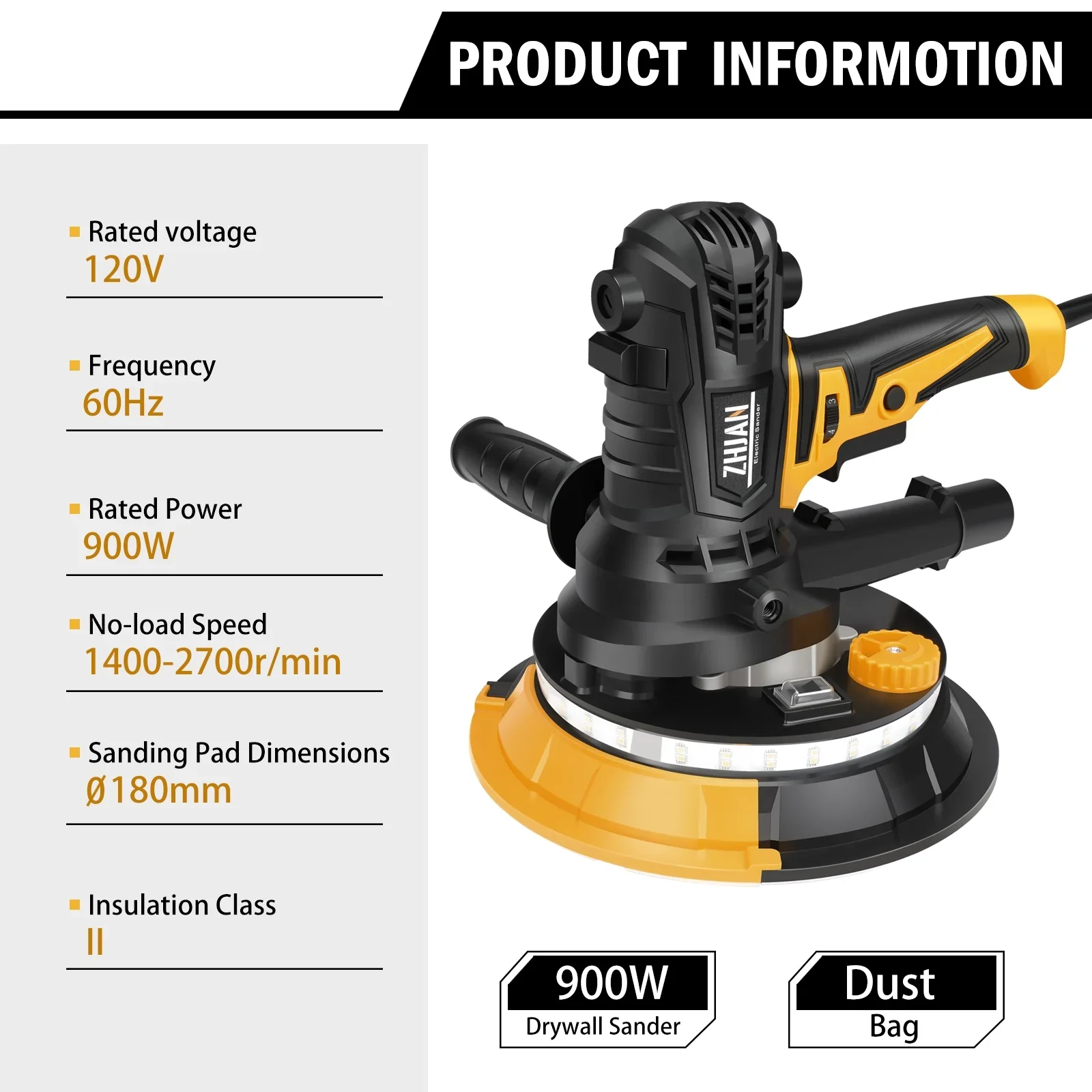 7 900W Electric Drywall Sander with Vacuum & LED - 1400-2700RPM with 12 Discs