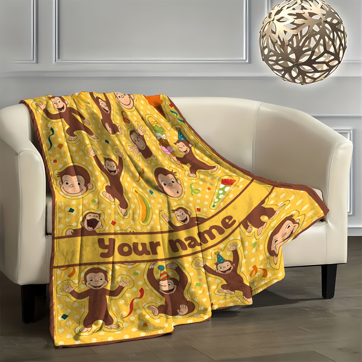 Custom name blanket, made of soft flannel, featuring cute cartoon monkeys, bananas, and party hats. These cozy blankets make an excellent birthday gift for any season, holiday, or home decor. They have bright colors and are durable. - wanlinfang